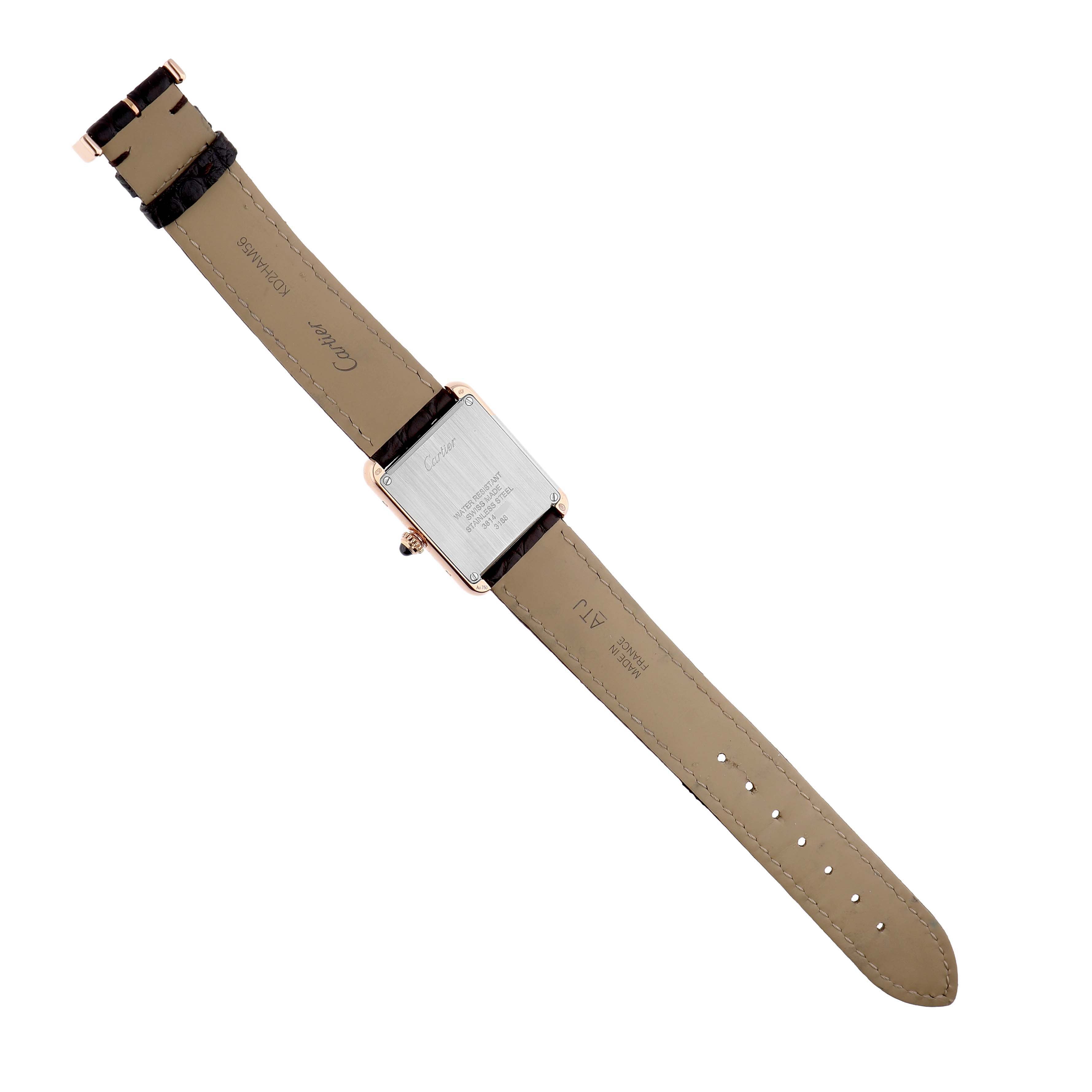 The image shows the back view of the Cartier Tank Solo W5200024 Women's Rose Gold Silver Dial watch, highlighting the case back and strap.