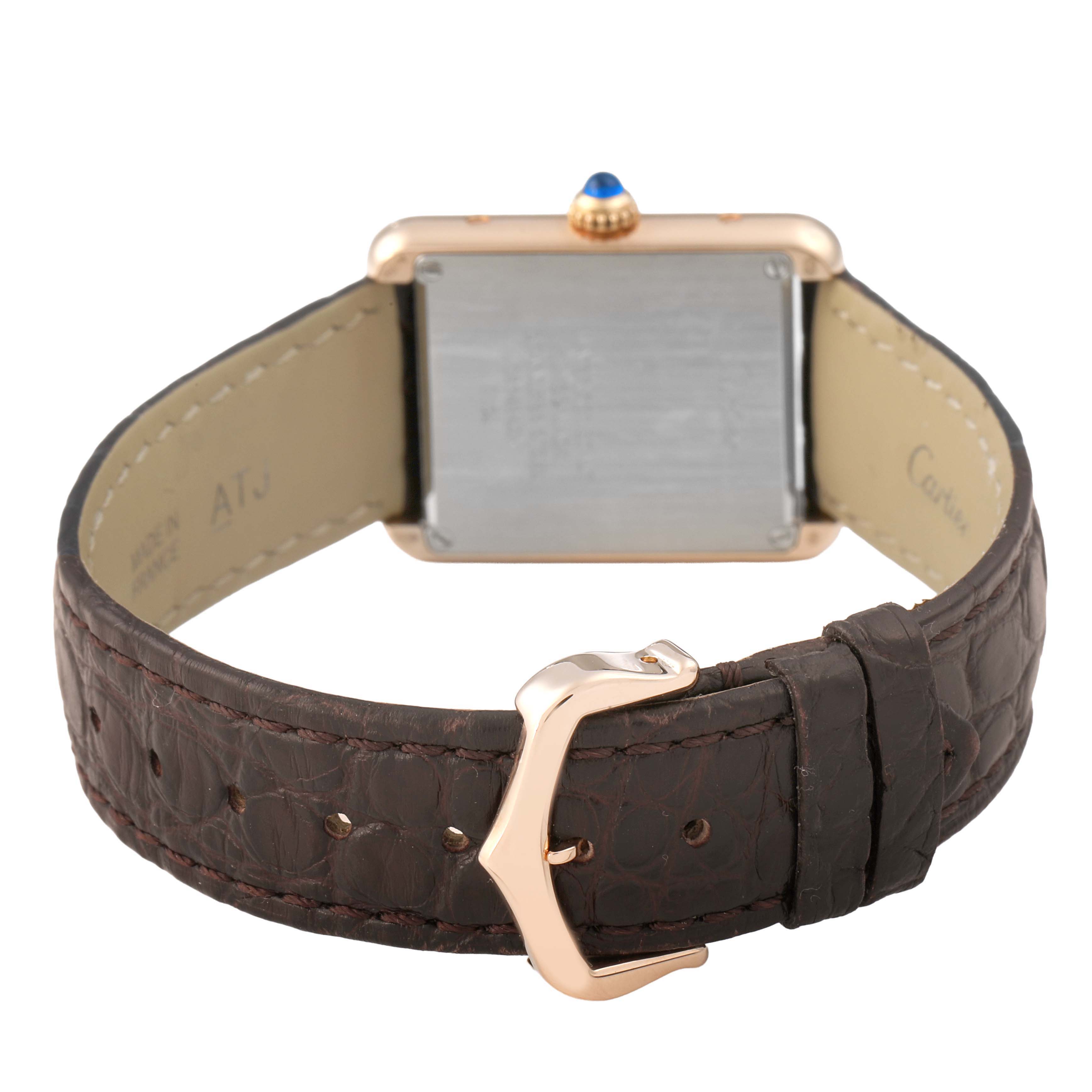 The image shows the back and strap of a Cartier Tank Solo W5200024 Women's Rose Gold Silver Dial watch, highlighting the clasp and case back.