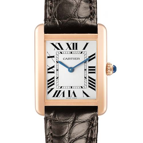 The Cartier Tank Solo W5200024 Women's Rose Gold Silver Dial watch is shown from the front, highlighting its rectangular face, Roman numerals, and leather strap.