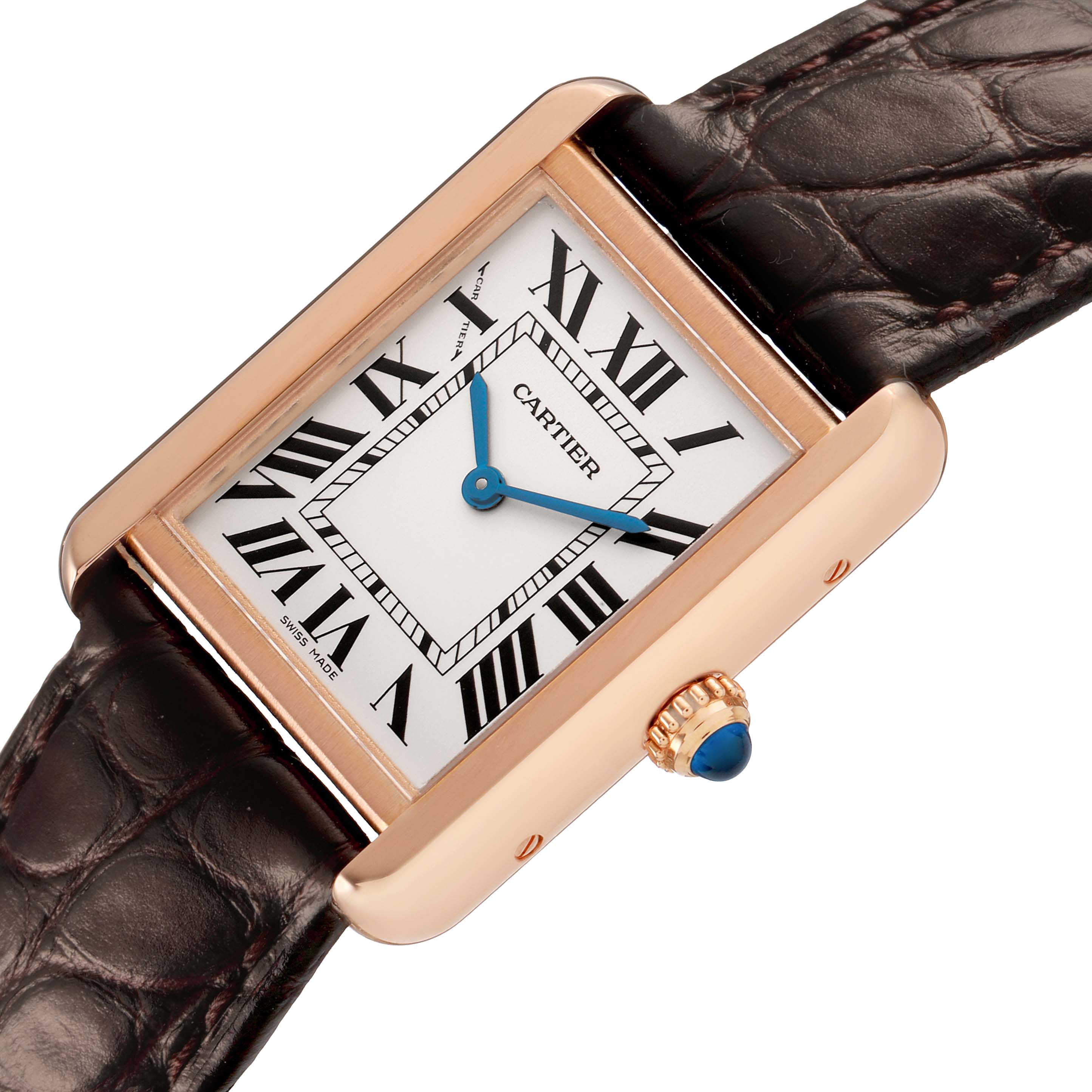 The Cartier Tank Solo W5200024 Women's Rose Gold Silver Dial watch is shown at a slight angle, displaying its Roman numeral dial, blue hands, leather strap, and crown.