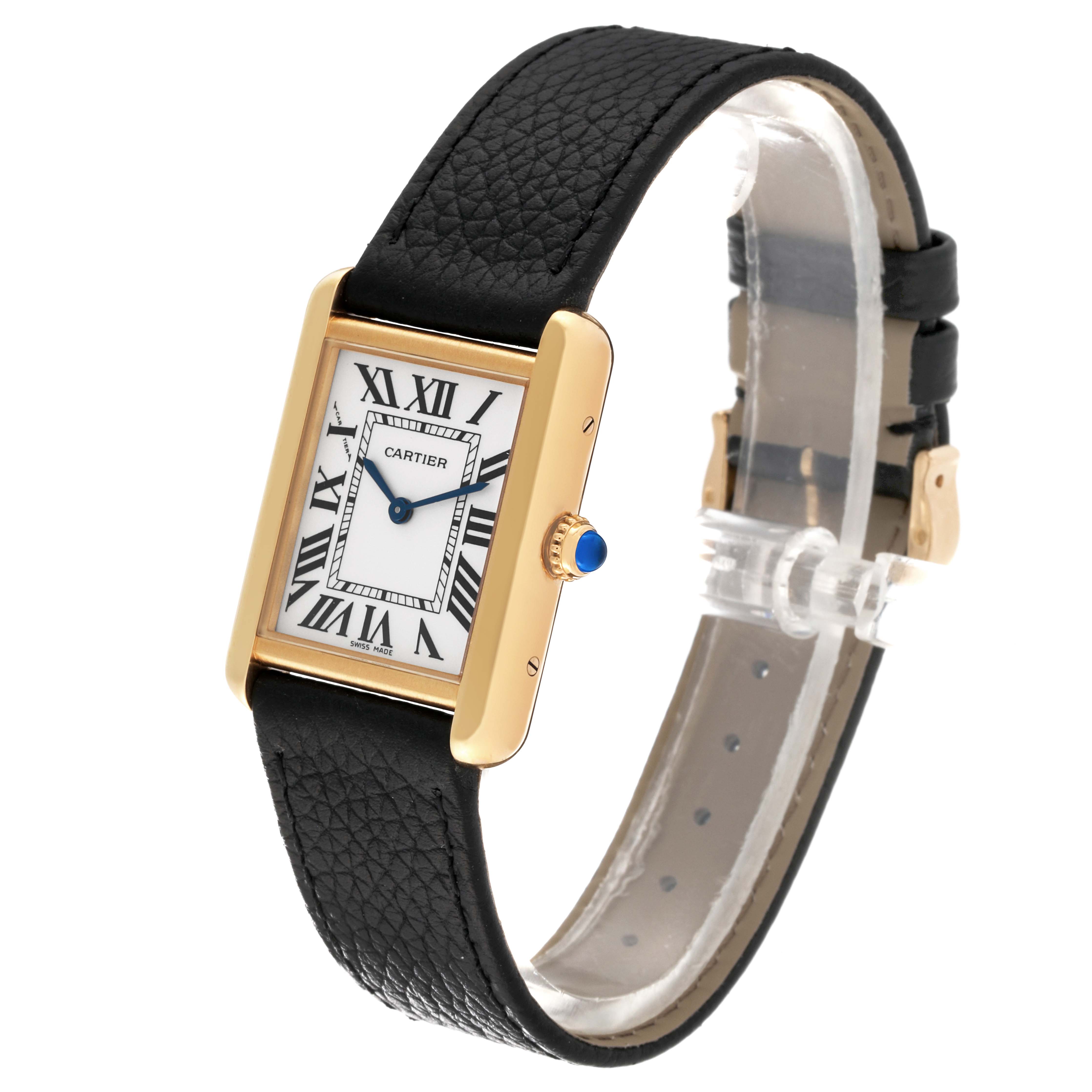 The Cartier Tank Solo W5200002 Women's Steel and Gold (two tone) Silver Dial W5200002 Women's Steel and Gold (two tone) Silver Dial watch is shown at an angle displaying the face, black leather strap, and gold casing.