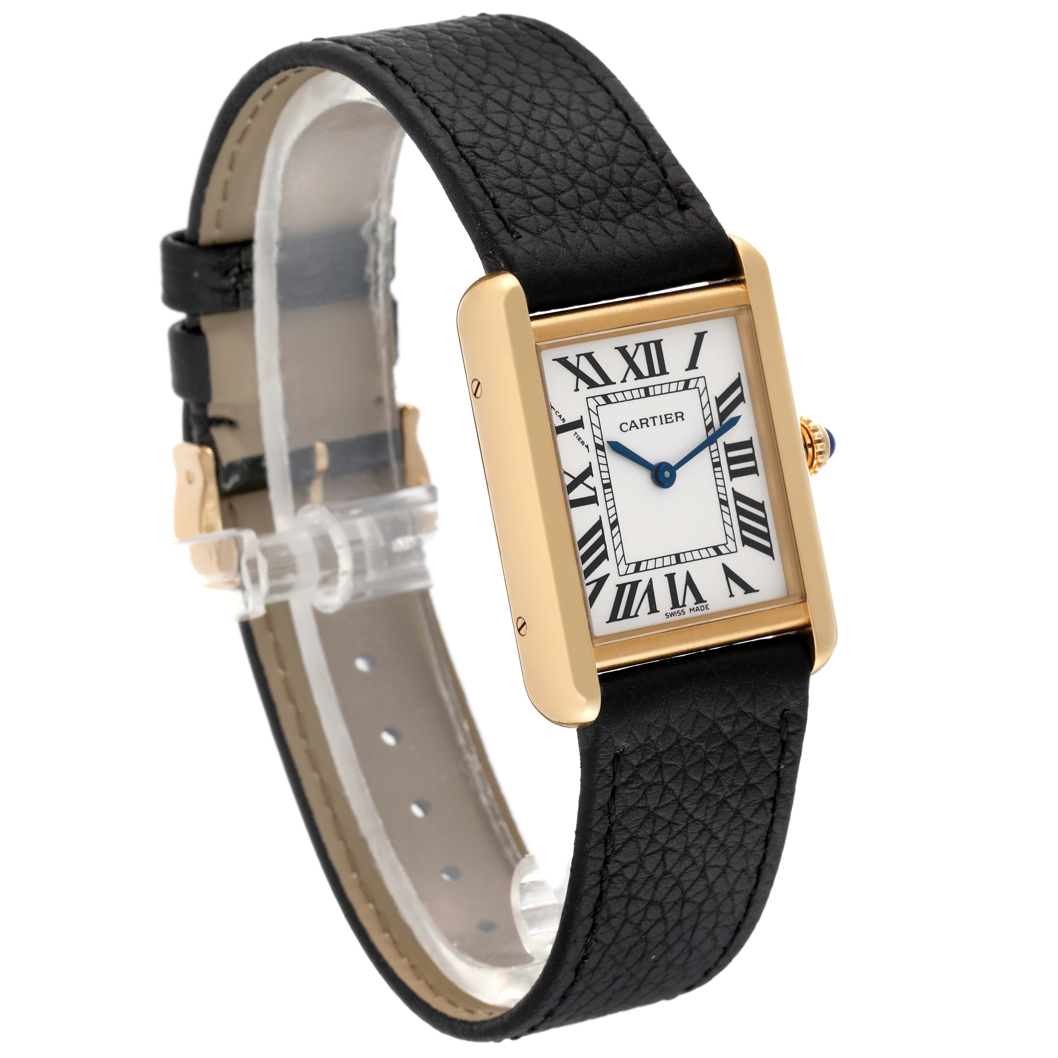 The Cartier Tank Solo W5200002 Women's Steel and Gold (two tone) Silver Dial W5200002 Women's Steel and Gold (two tone) Silver Dial watch is shown at a three-quarter angle, highlighting its face, gold case, black leather strap, and Roman numeral markers.
