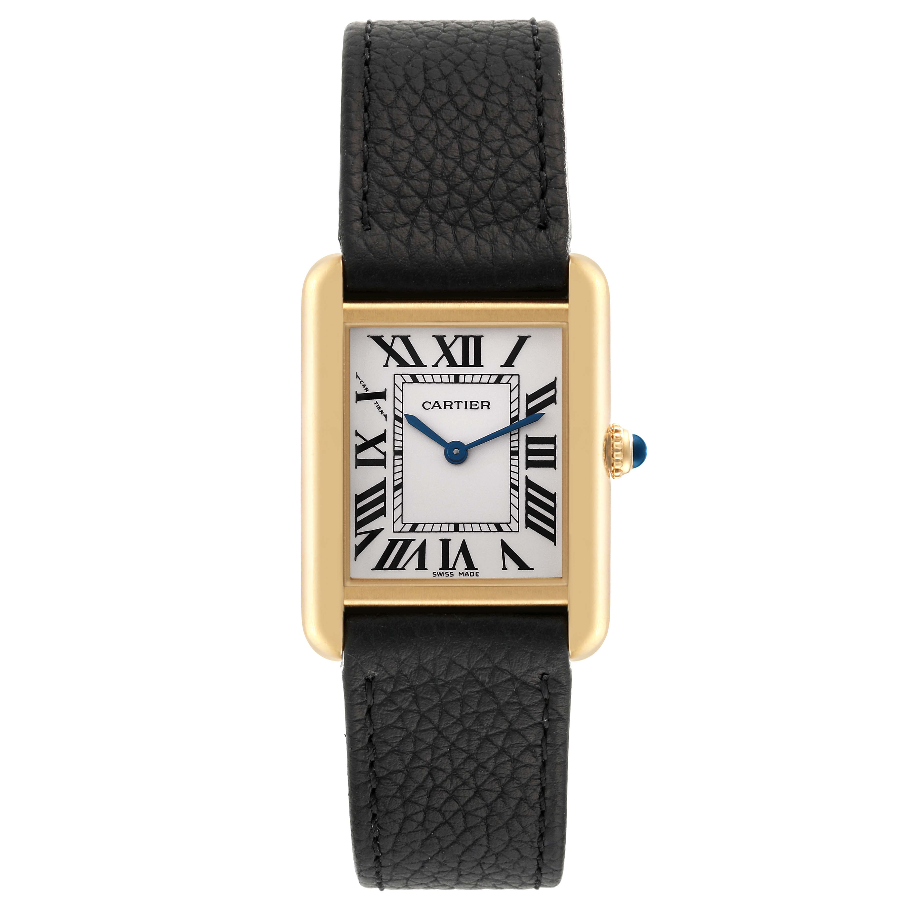 The Cartier Tank Solo W5200002 Women's Steel and Gold (two tone) Silver Dial W5200002 Women's Steel and Gold (two tone) Silver Dial watch is shown from a top-down angle, displaying its face, case, crown, and black leather strap.