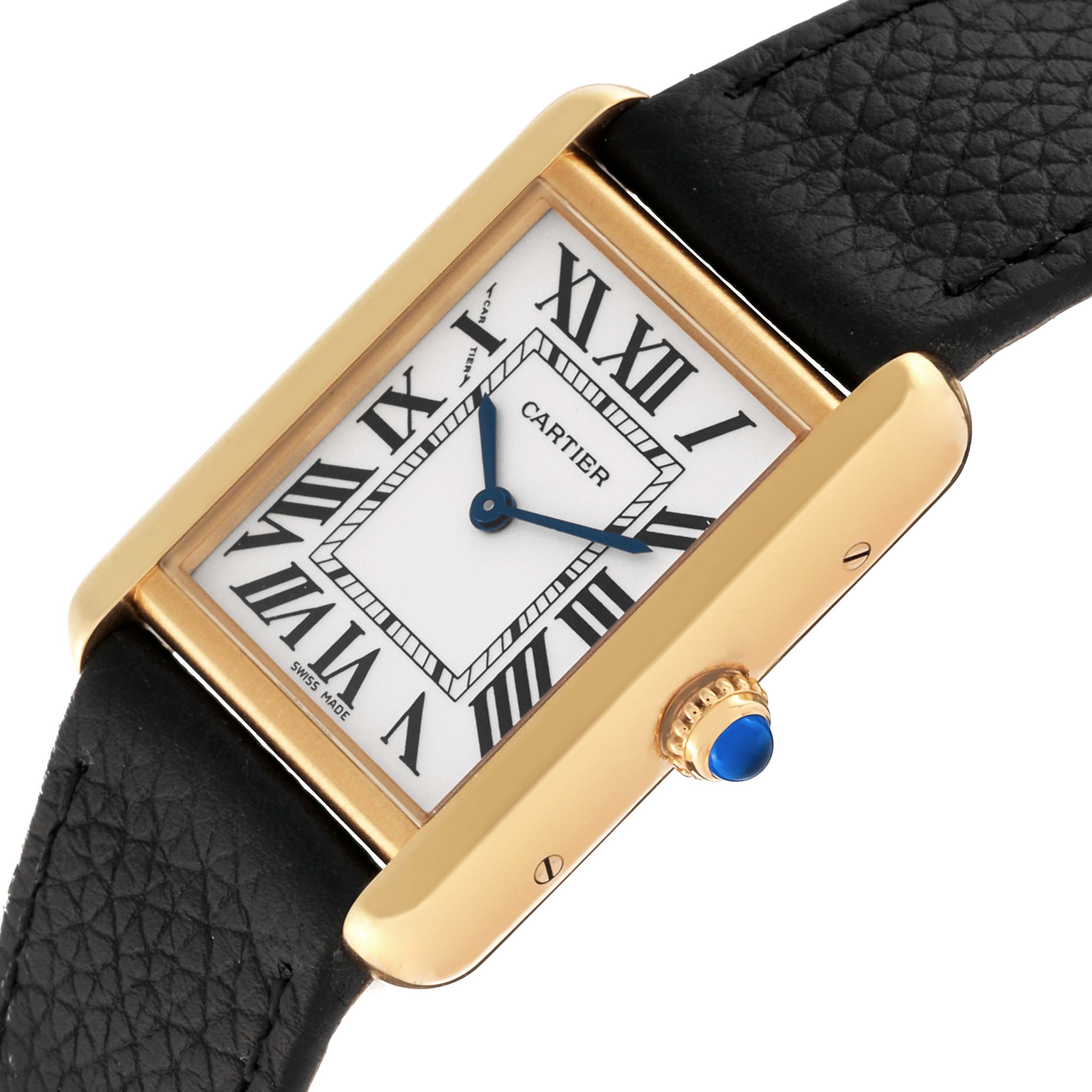 This Cartier Tank Solo W5200002 Women's Steel and Gold (two tone) Silver Dial W5200002 Women's Steel and Gold (two tone) Silver Dial watch is shown at an angle, displaying the dial, case, crown, and part of the black leather strap.