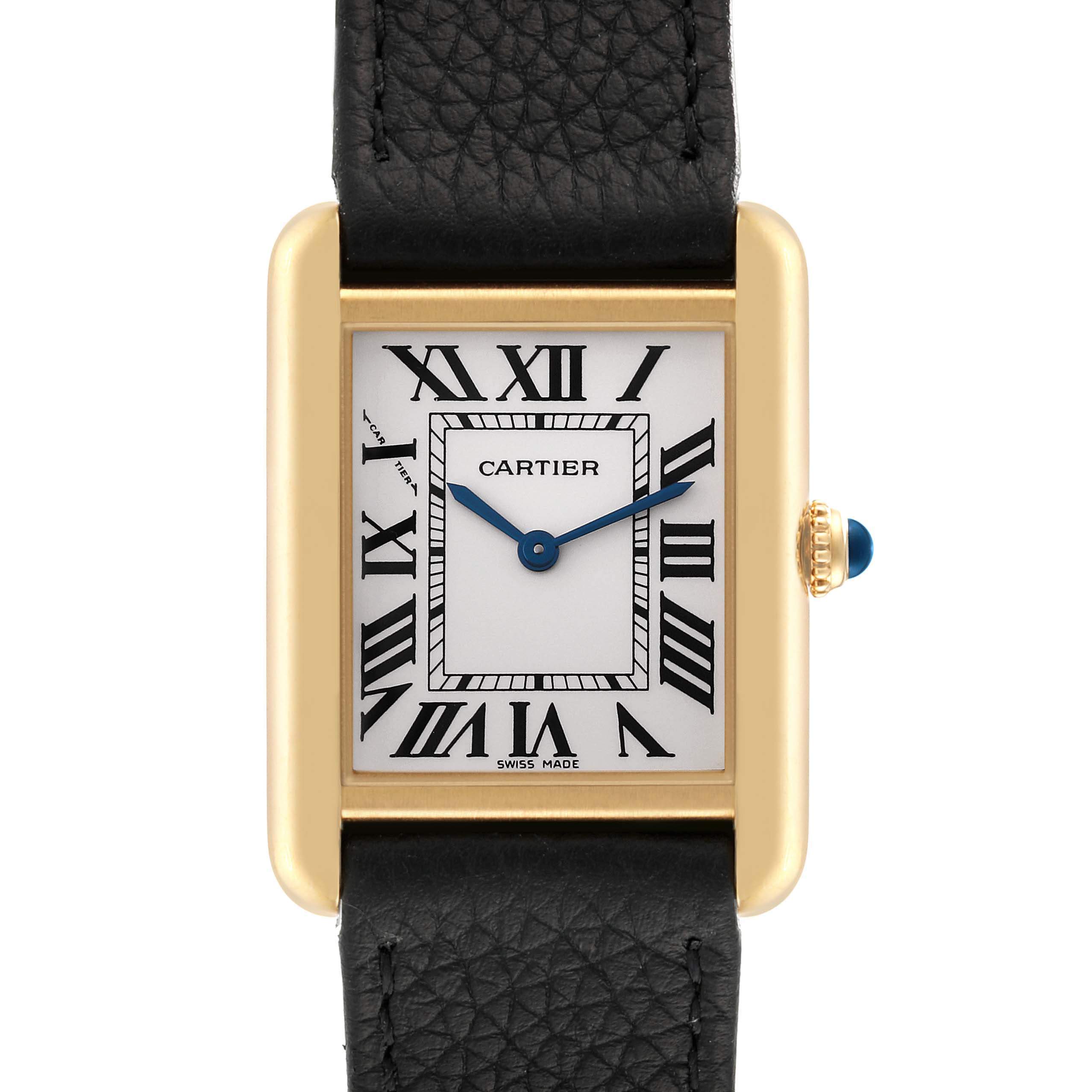 This image shows the face, bezel, and part of the strap of a Cartier Tank Solo W5200002 Women's Steel and Gold (two tone) Silver Dial W5200002 Women's Steel and Gold (two tone) Silver Dial watch from a front angle.