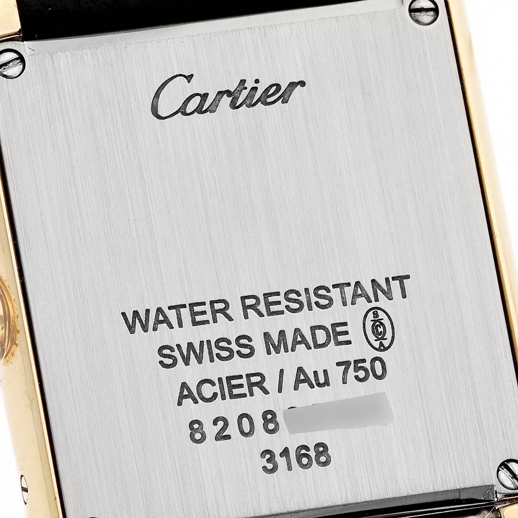 This is the back case of a Cartier Tank Solo W5200002 Women's Steel and Gold (two tone) Silver Dial W5200002 Women's Steel and Gold (two tone) Silver Dial watch, showing engraving details and water resistance information.