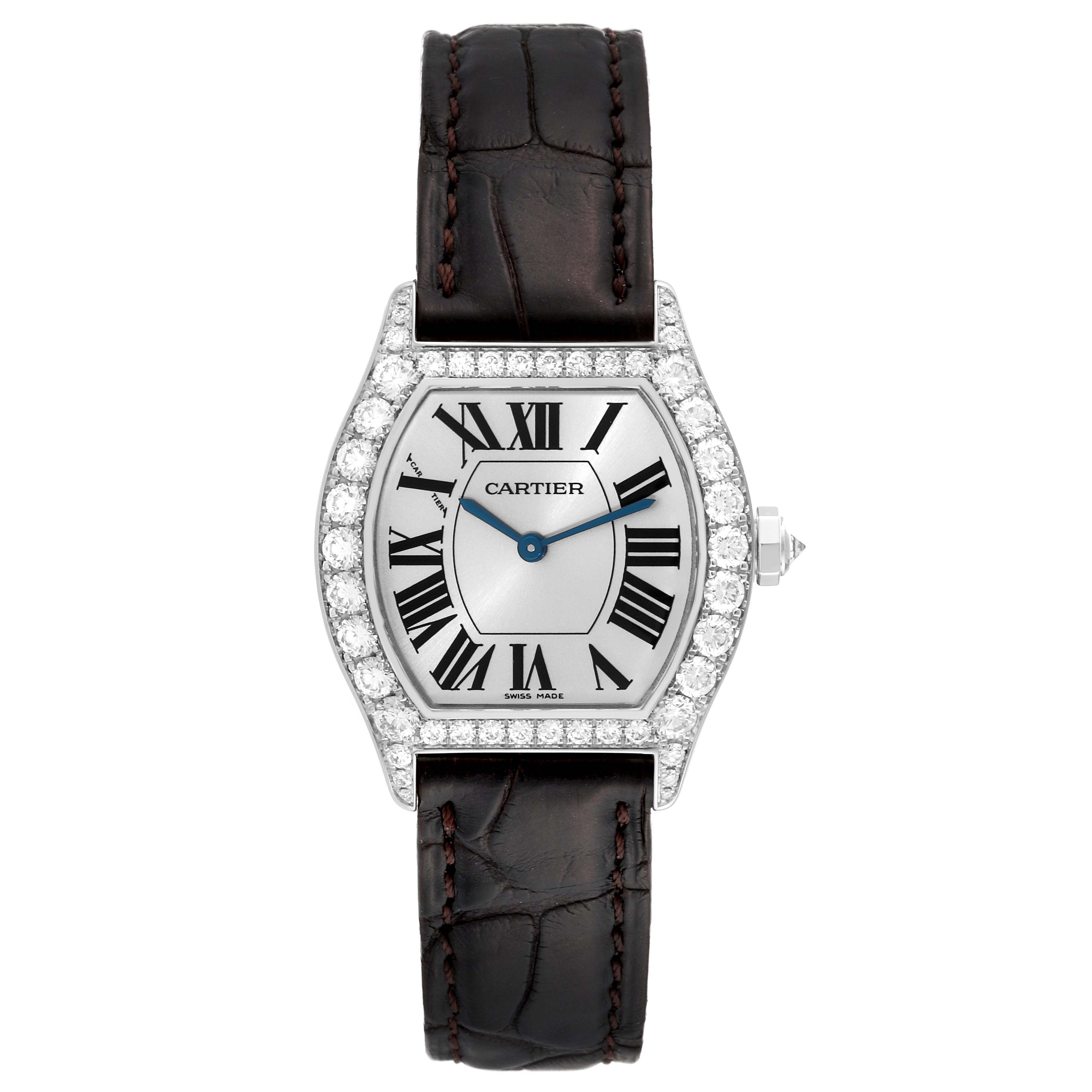 The image shows a top view of a Cartier Tortue WA507231 Women's White Gold Silver Dial WA507231 Women's White Gold Silver Dial watch with a diamond bezel and Roman numeral hour markers.