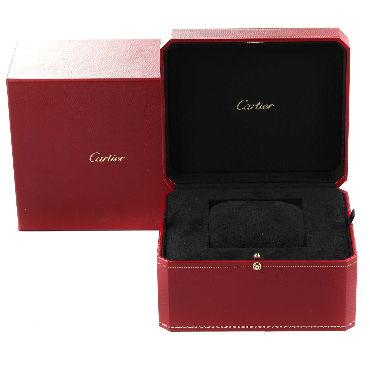 The image shows the red Cartier Tortue WA507231 Women's White Gold Silver Dial WA507231 Women's White Gold Silver Dial watch box, with the inner black cushion exposed and an outer red box in the background.