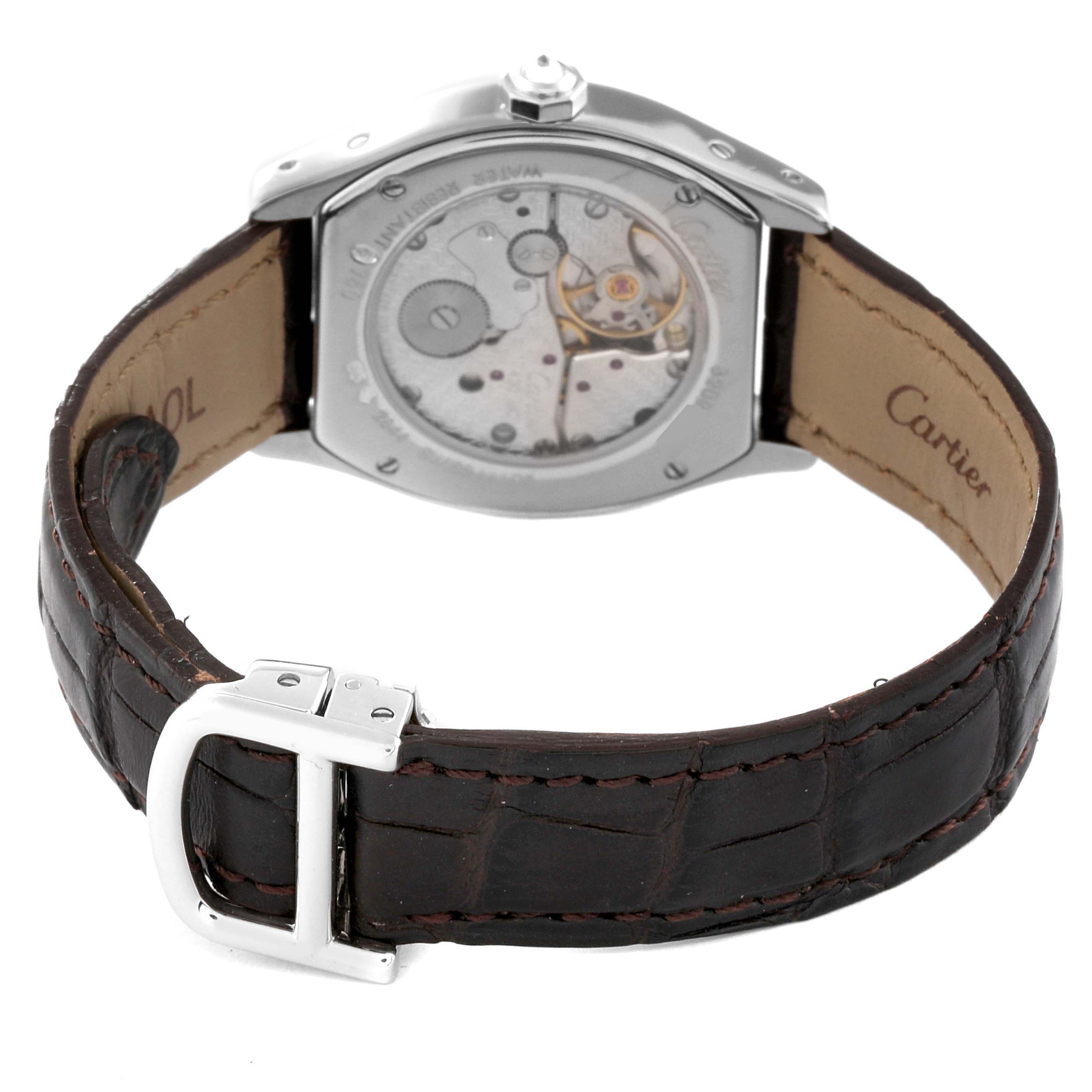 The image shows the back view of the Cartier Tortue WA507231 Women's White Gold Silver Dial WA507231 Women's White Gold Silver Dial watch, with a clear view of the strap and the watch's mechanical movement.