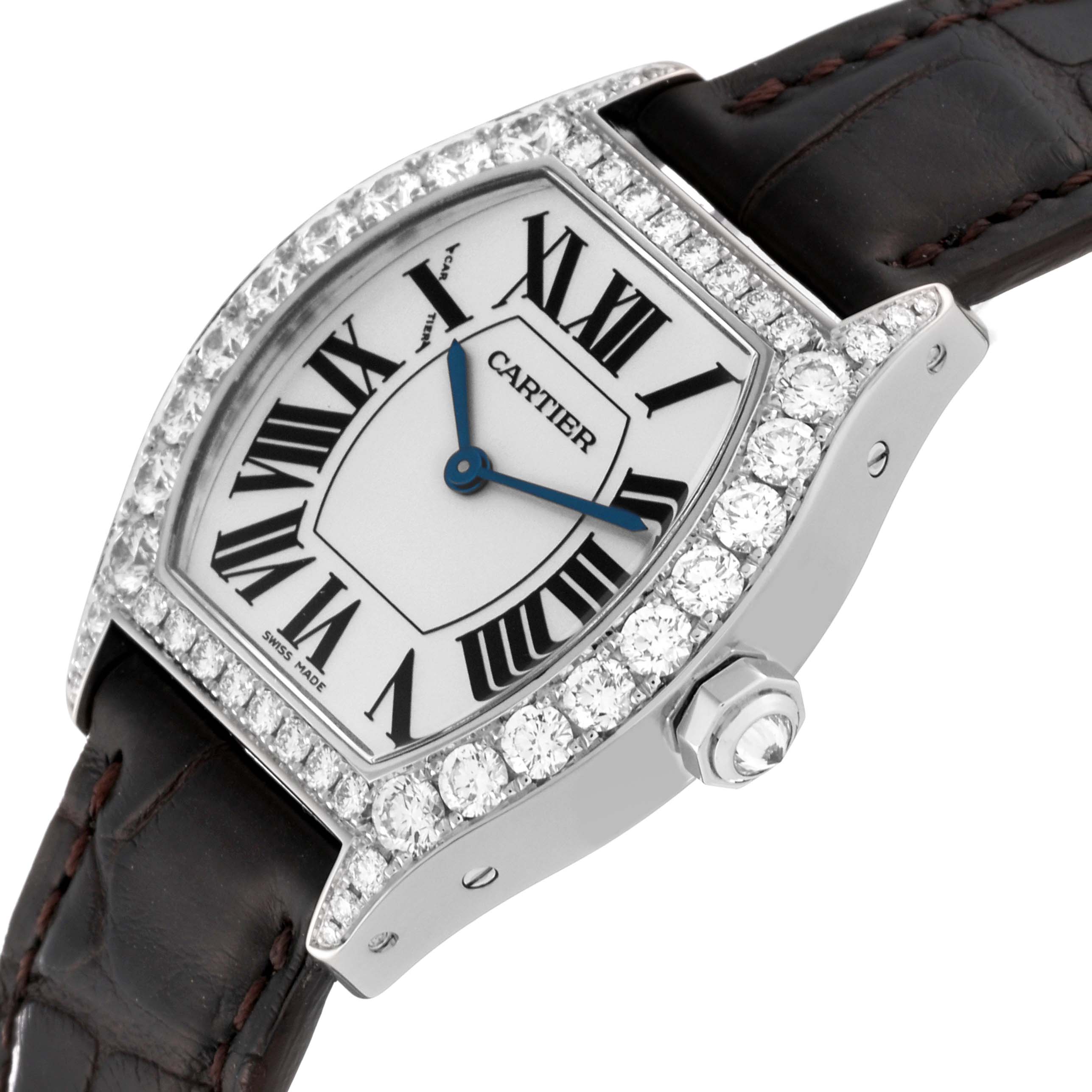 This image shows a Cartier Tortue WA507231 Women's White Gold Silver Dial WA507231 Women's White Gold Silver Dial watch from an angled view, highlighting the diamond-encrusted bezel, dial, and leather strap.