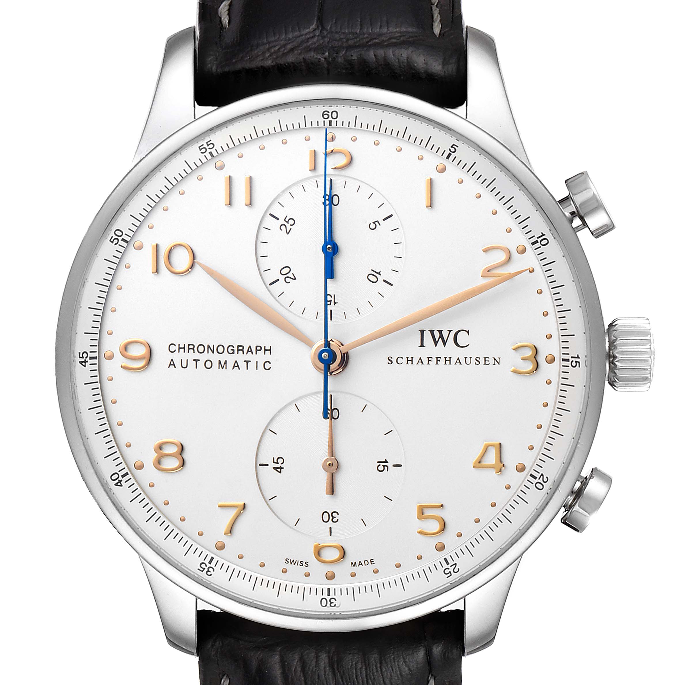 This image shows a close-up, front view of the dial, hands, and crown of the IWC Portuguese IW371445 Men's Stainless Steel Silver Dial IW371445 Men's Stainless Steel Silver Dial Chronograph watch.
