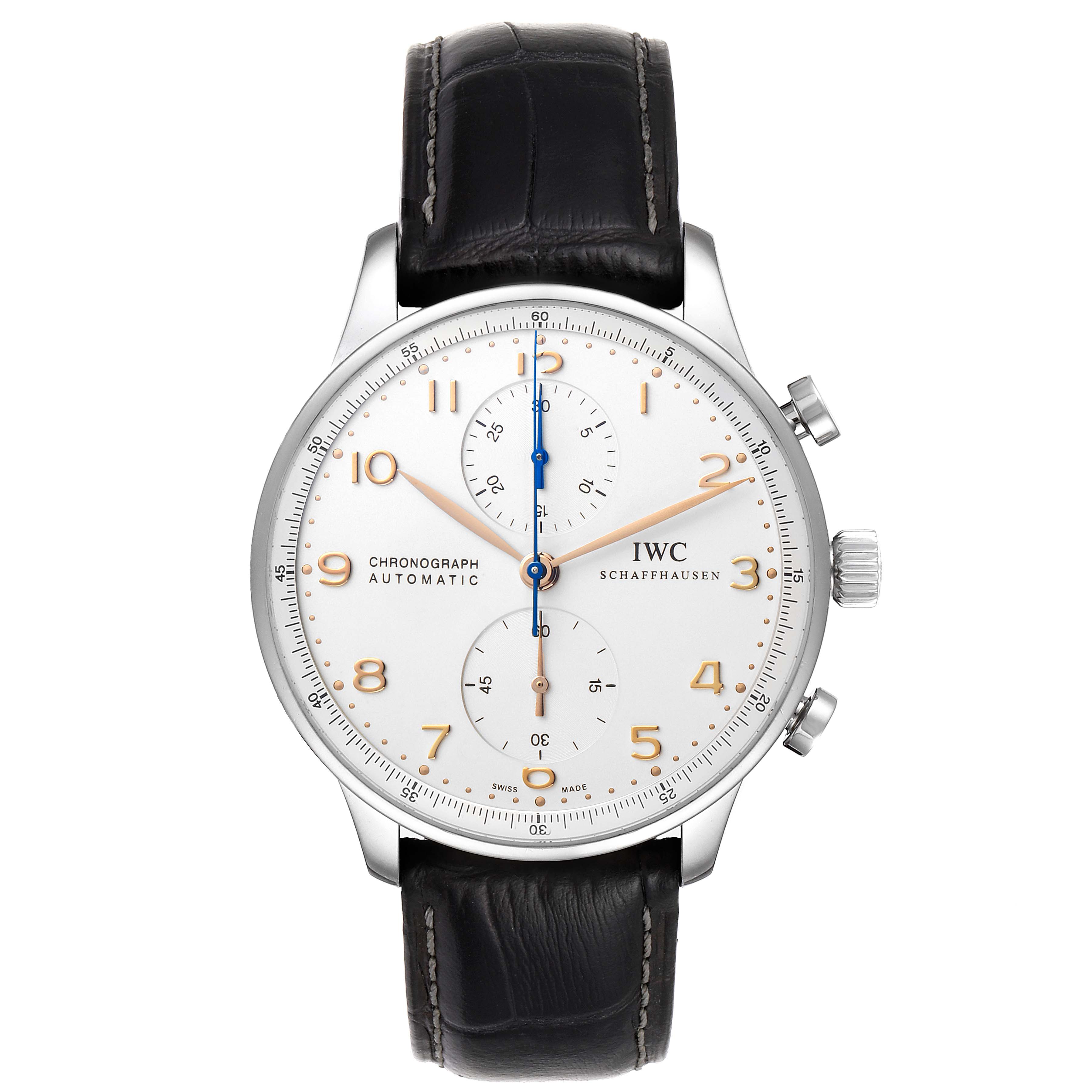 The image shows a front view of the IWC Portuguese IW371445 Men's Stainless Steel Silver Dial IW371445 Men's Stainless Steel Silver Dial watch with its dial, crown, pushers, and leather strap visible.
