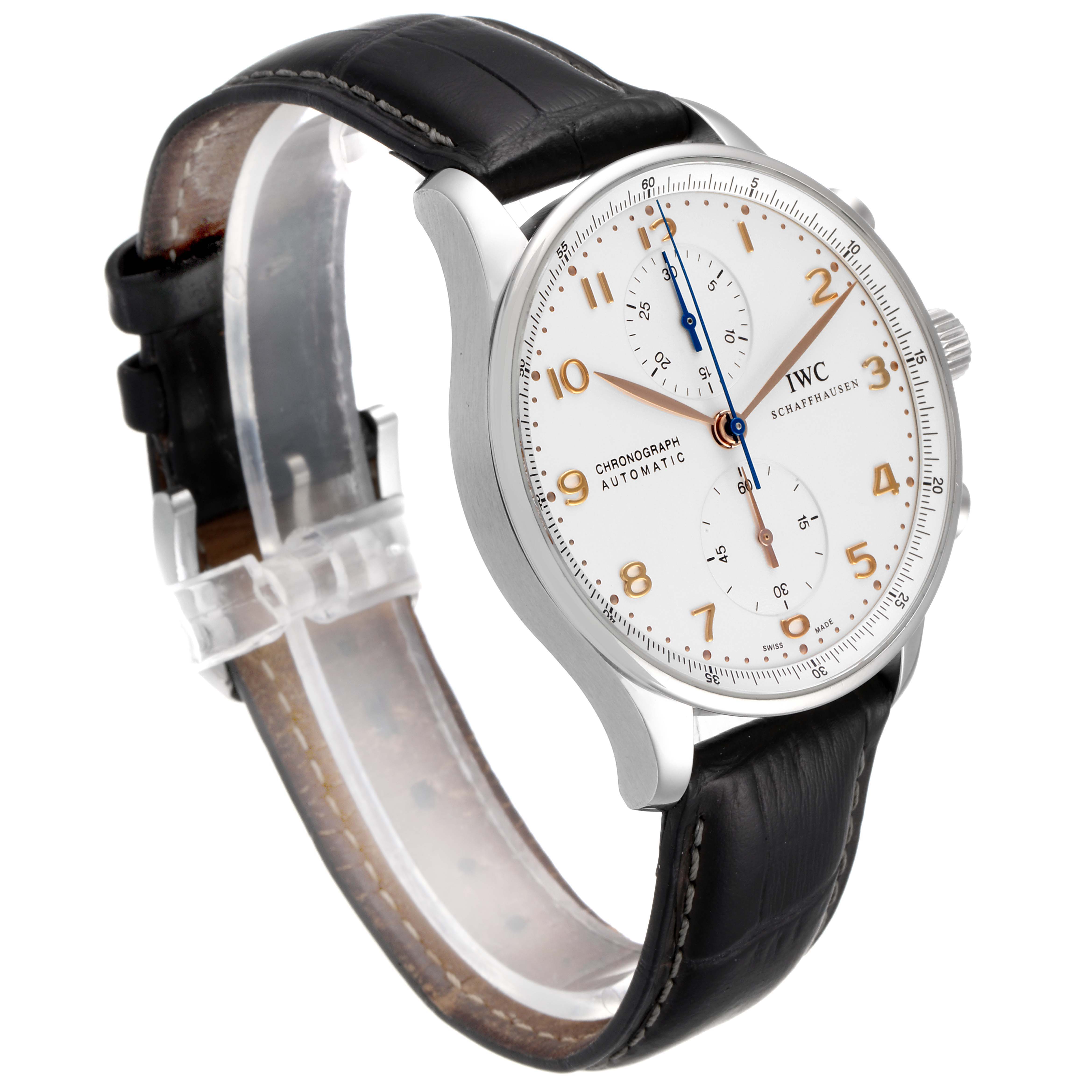 This is an IWC Portuguese IW371445 Men's Stainless Steel Silver Dial IW371445 Men's Stainless Steel Silver Dial Chronograph watch, shown angled to display the face, crown, lugs, and black leather strap.