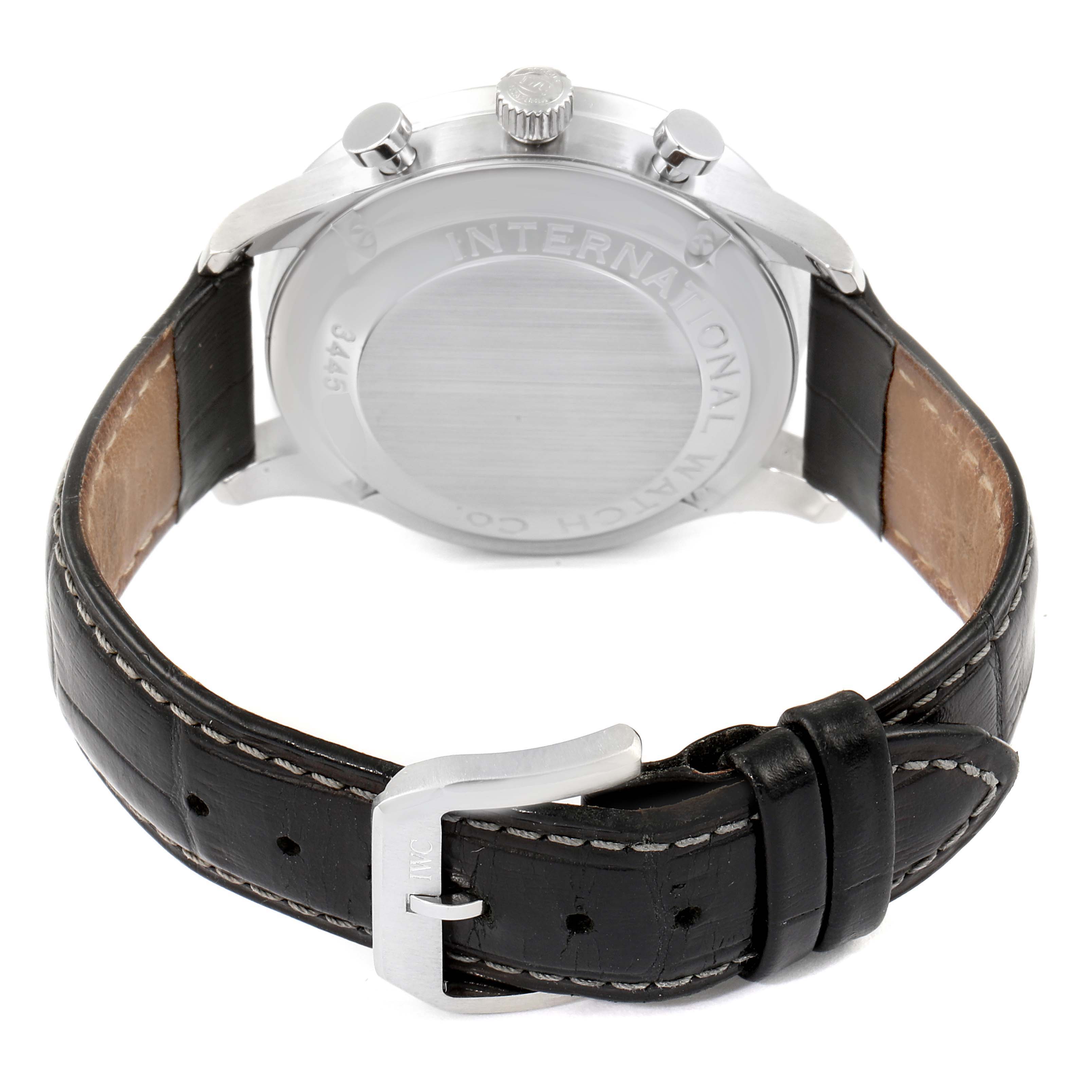 This image shows the back and strap of an IWC Portuguese IW371445 Men's Stainless Steel Silver Dial IW371445 Men's Stainless Steel Silver Dial model watch at an angle revealing the buckle and back casing.