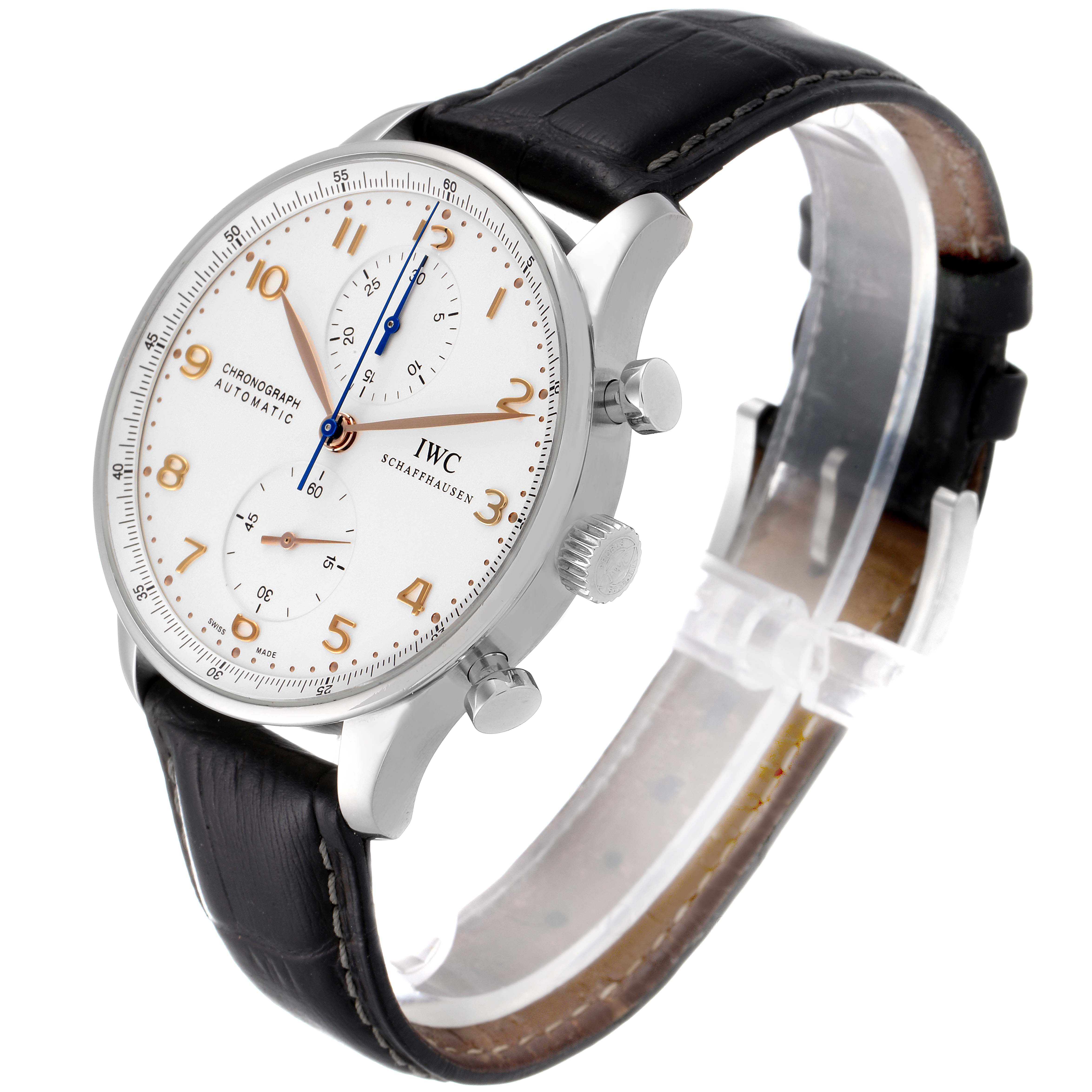 This image shows an angled side view of an IWC Portuguese IW371445 Men's Stainless Steel Silver Dial IW371445 Men's Stainless Steel Silver Dial model watch with a black leather strap.