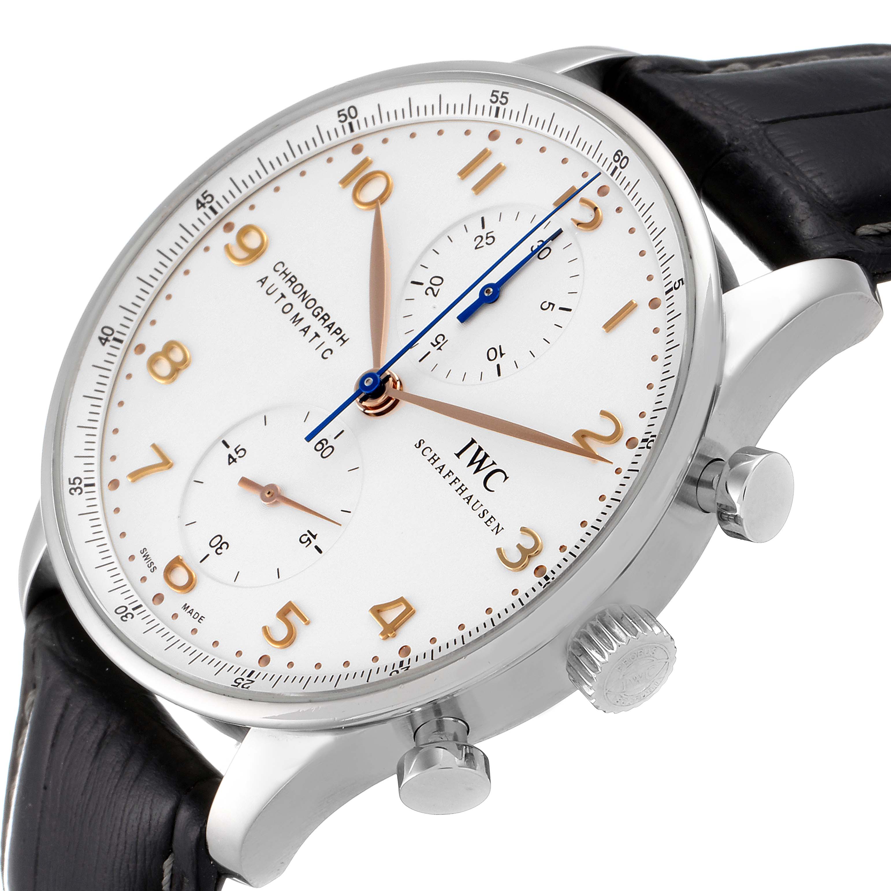 The IWC Portuguese IW371445 Men's Stainless Steel Silver Dial IW371445 Men's Stainless Steel Silver Dial watch is shown at an oblique angle, displaying the dial, case, crown, and part of the strap.