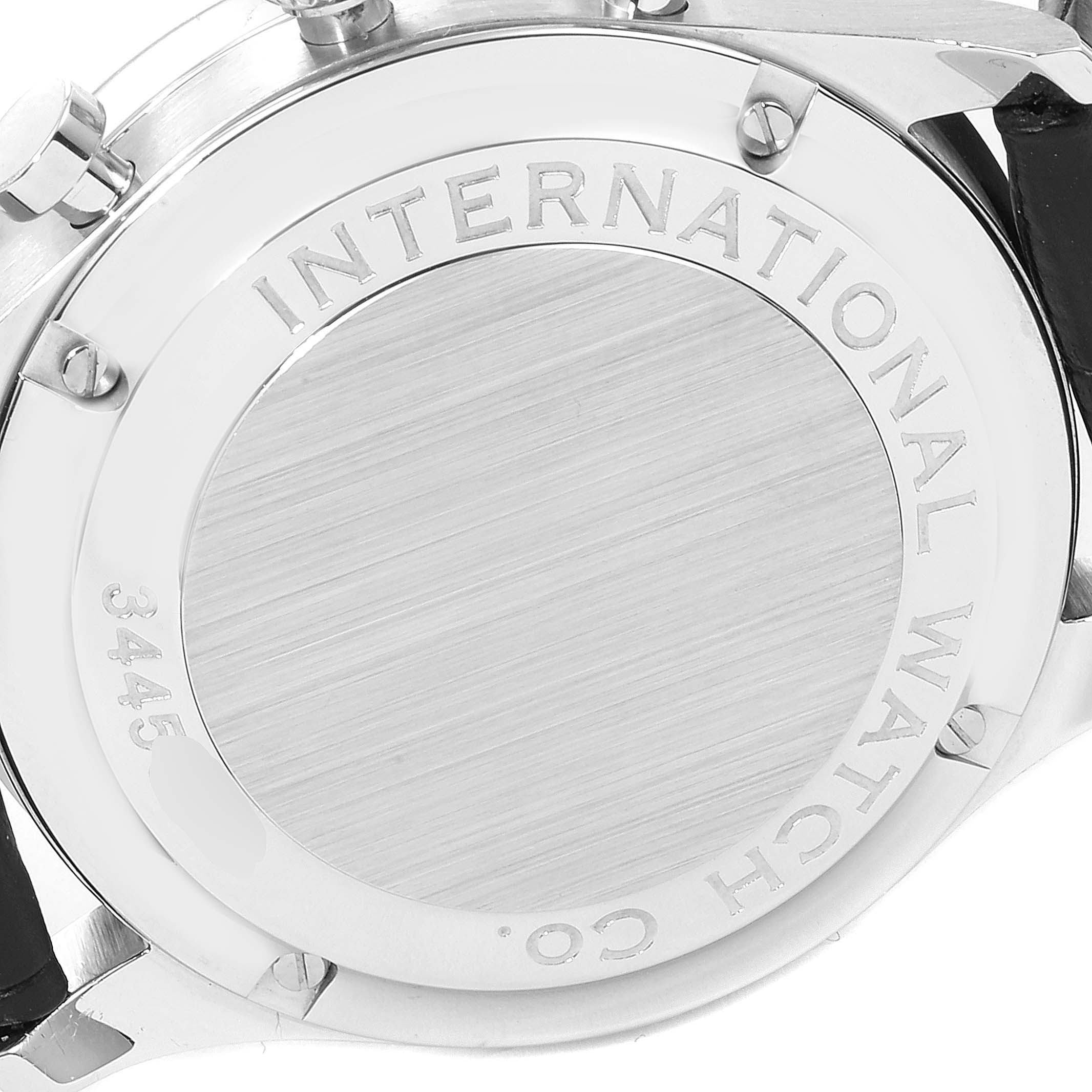 The image shows the case back of an IWC Portuguese IW371445 Men's Stainless Steel Silver Dial IW371445 Men's Stainless Steel Silver Dial watch, featuring the brand's engraved name.