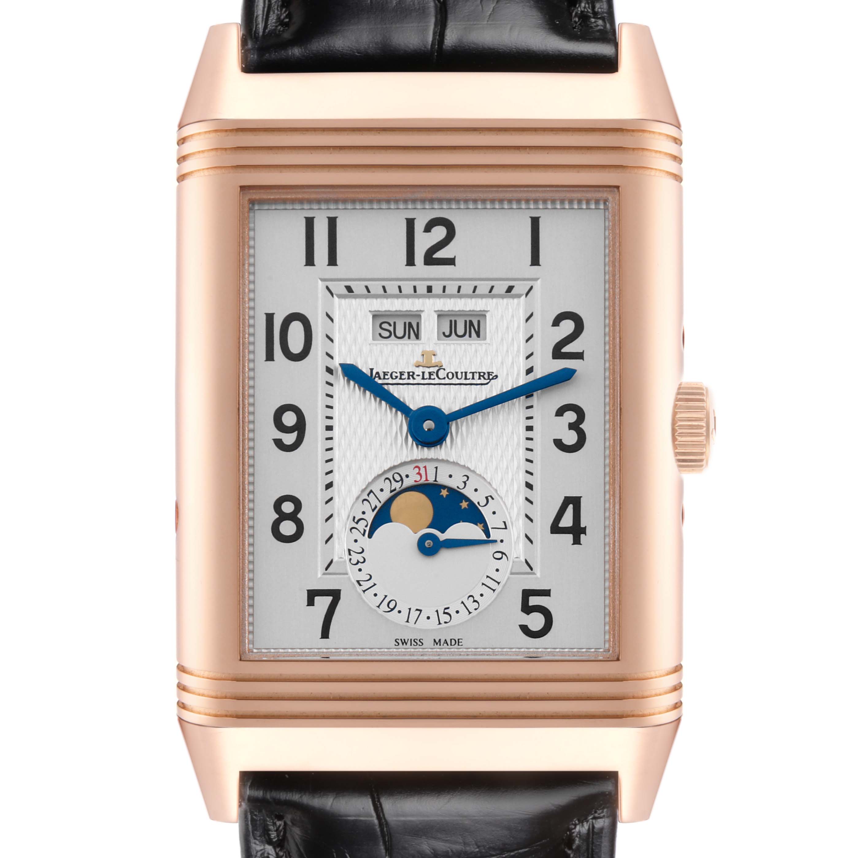 The Jaeger-LeCoultre Reverso watch is shown front-facing, displaying its dial, hands, date, weekday, and moon phase.