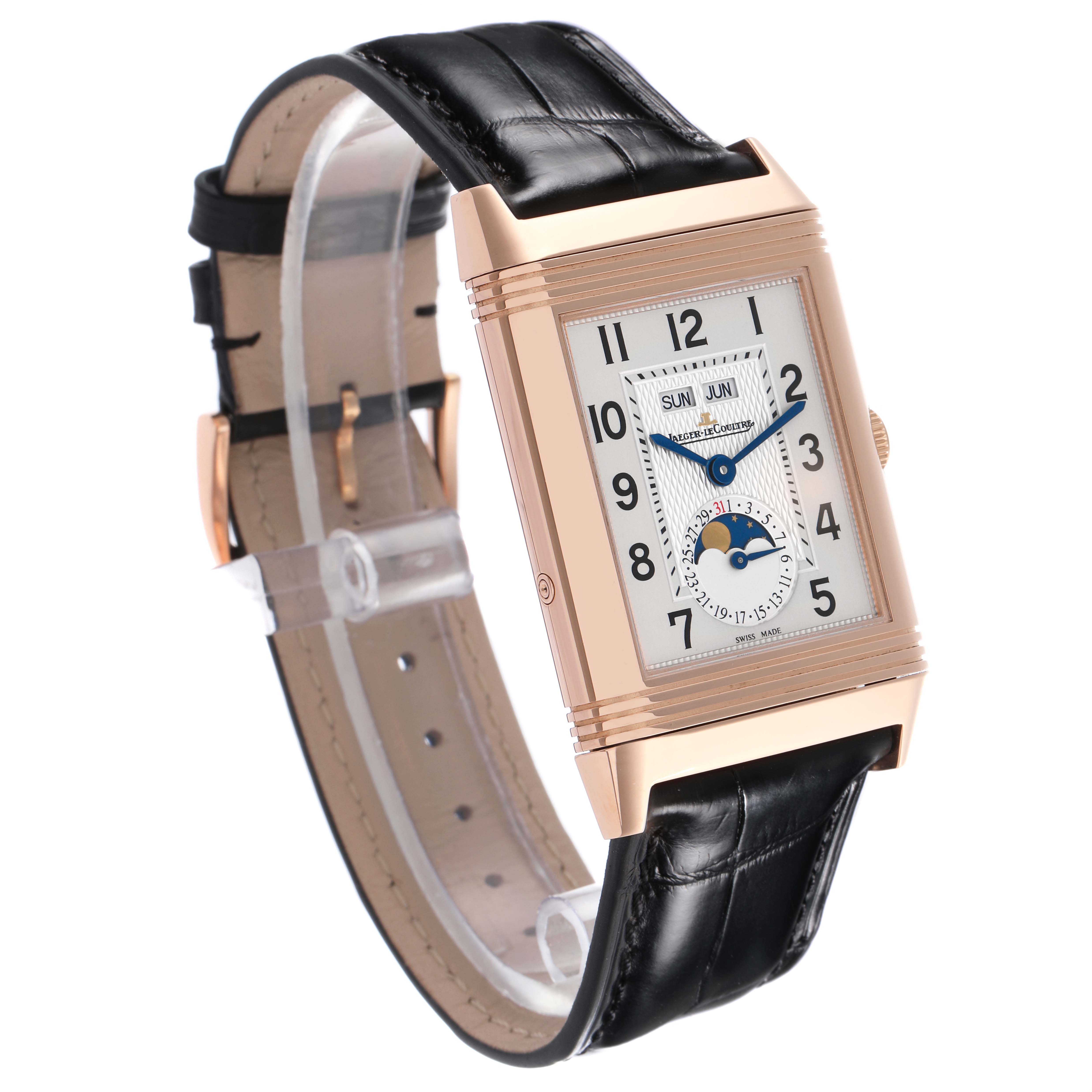 The Jaeger LeCoultre Reverso Q3752520 / 273.2.84 Men's Rose Gold Silver Dial Q3752520 / 273.2.84 Men's Rose Gold Silver Dial watch is shown at a three-quarter angle, highlighting the dial, rose gold case, and black leather strap.