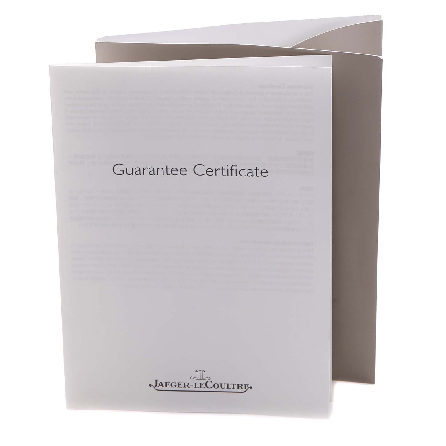 The image shows a Jaeger LeCoultre Reverso Q3752520 / 273.2.84 Men's Rose Gold Silver Dial Q3752520 / 273.2.84 Men's Rose Gold Silver Dial model guarantee certificate, viewed from the front at a slight angle.