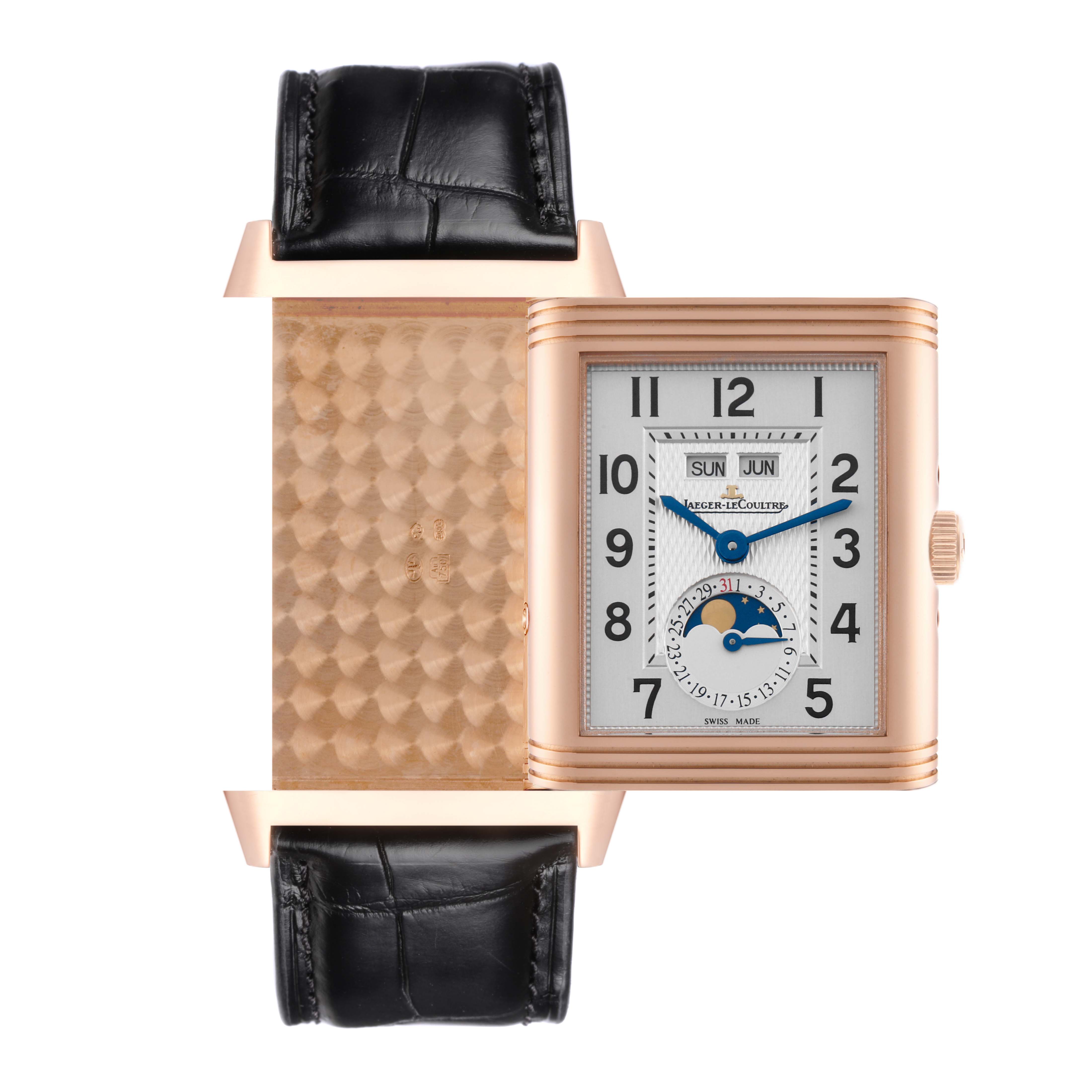 The image shows a Jaeger-LeCoultre Reverso with one side revealing the textured back and the other displaying the watch face with complications.