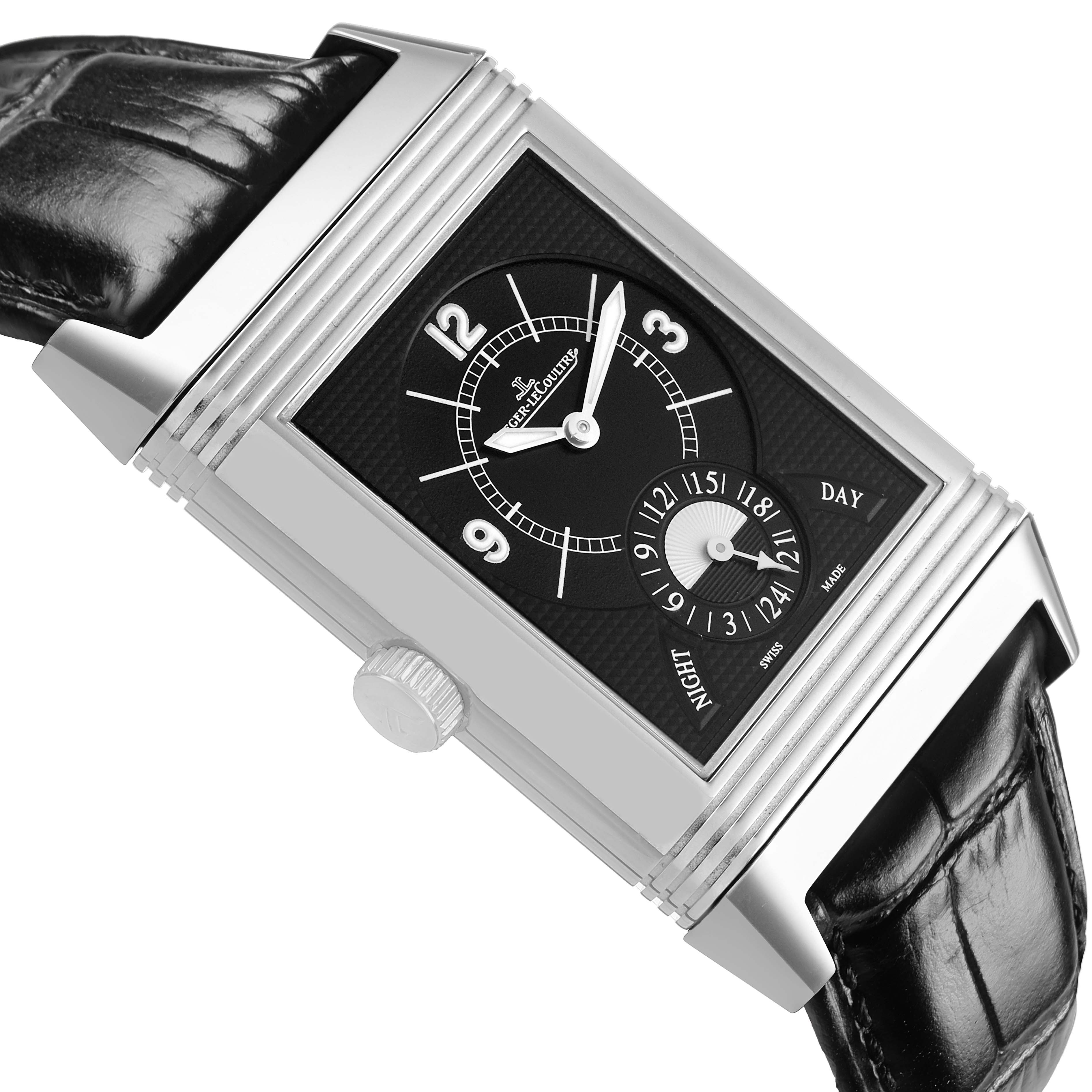 The Jaeger-LeCoultre Reverso watch is shown at an angled side view, highlighting the case, dial, hands, and leather strap.