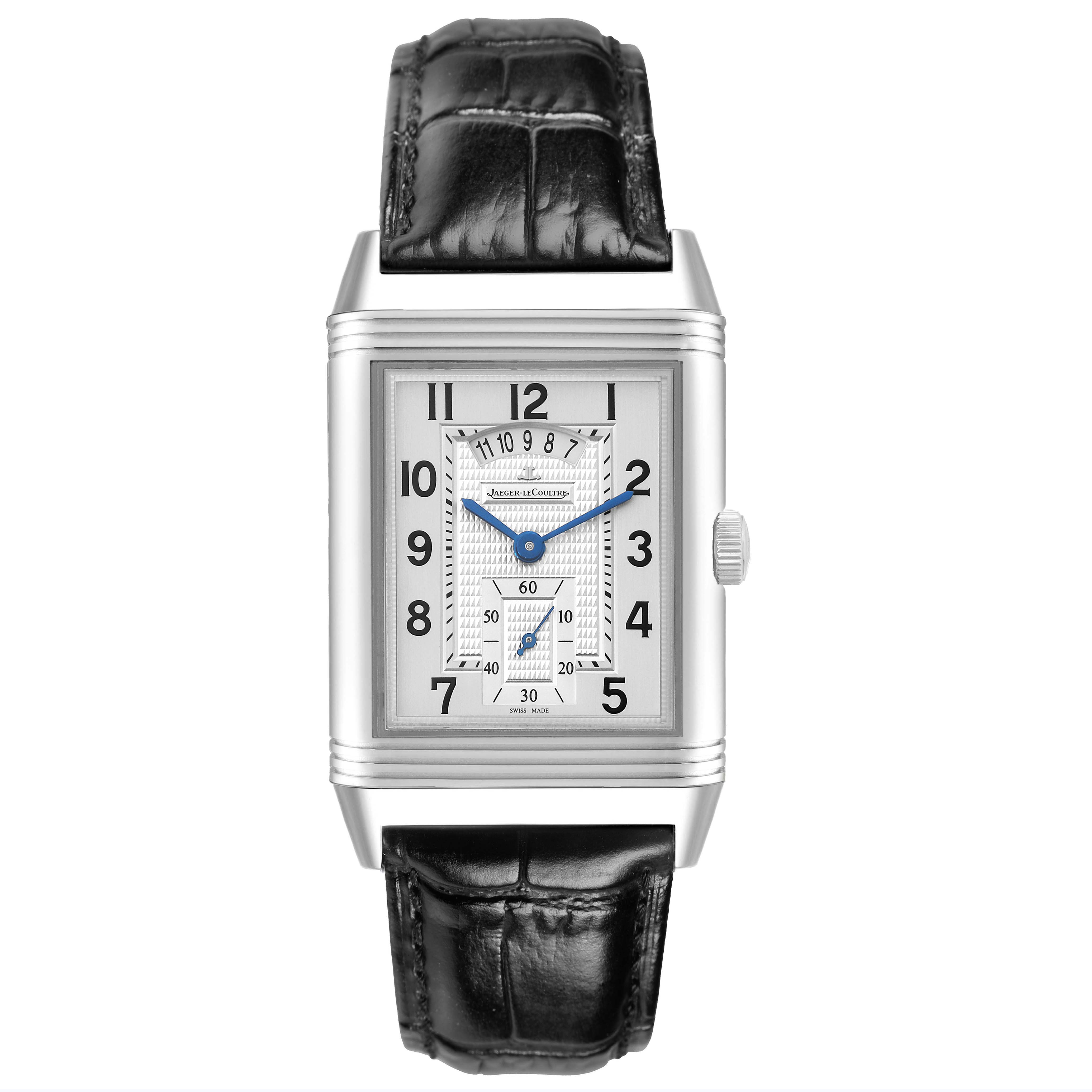 The image shows a front-facing view of the Jaeger-LeCoultre Reverso watch, highlighting its case, dial, and strap.