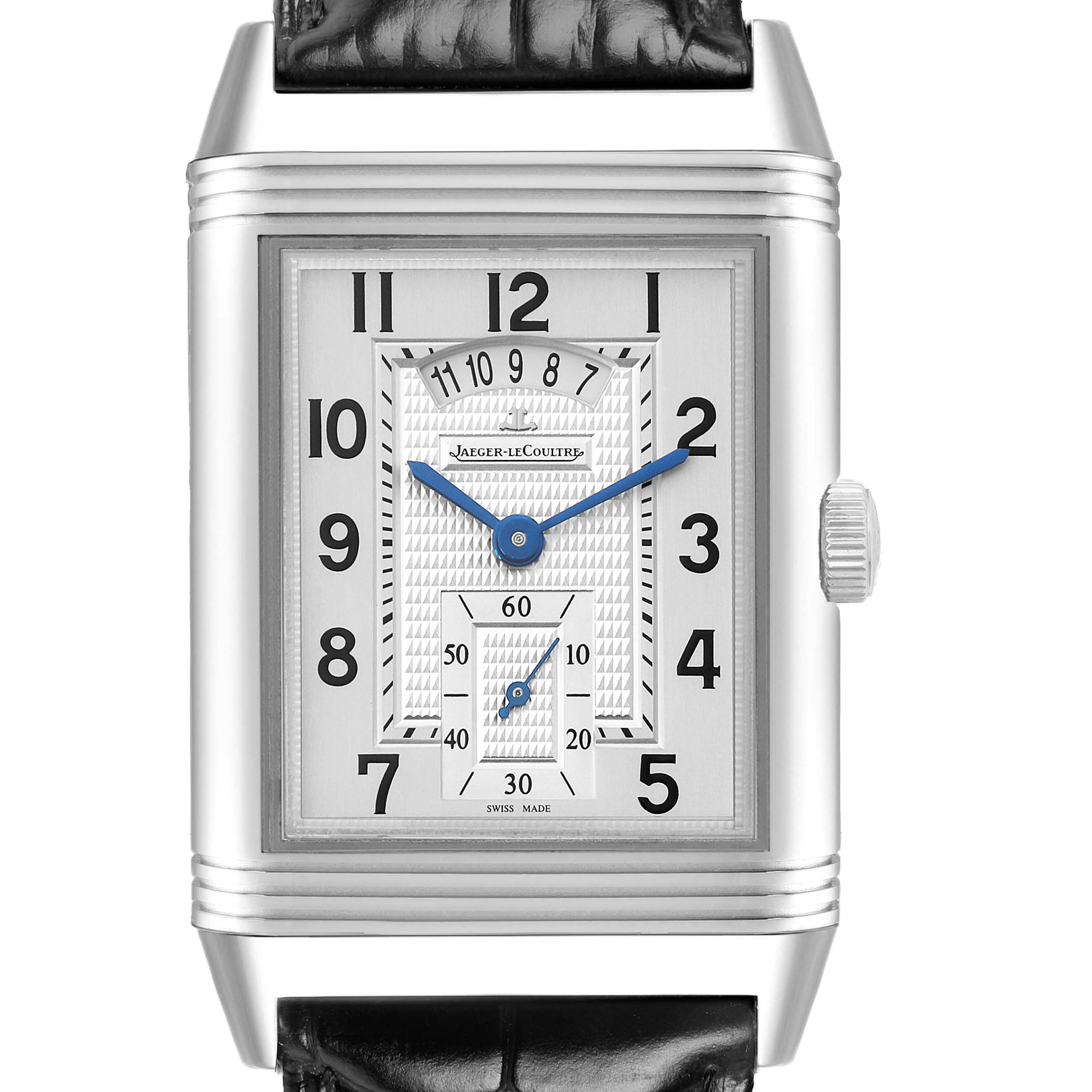 The Jaeger LeCoultre Reverso Q3748421 / 273.8.85 Men's Stainless Steel Silver Dial model is shown from a front angle, displaying its dial, hands, and crown.
