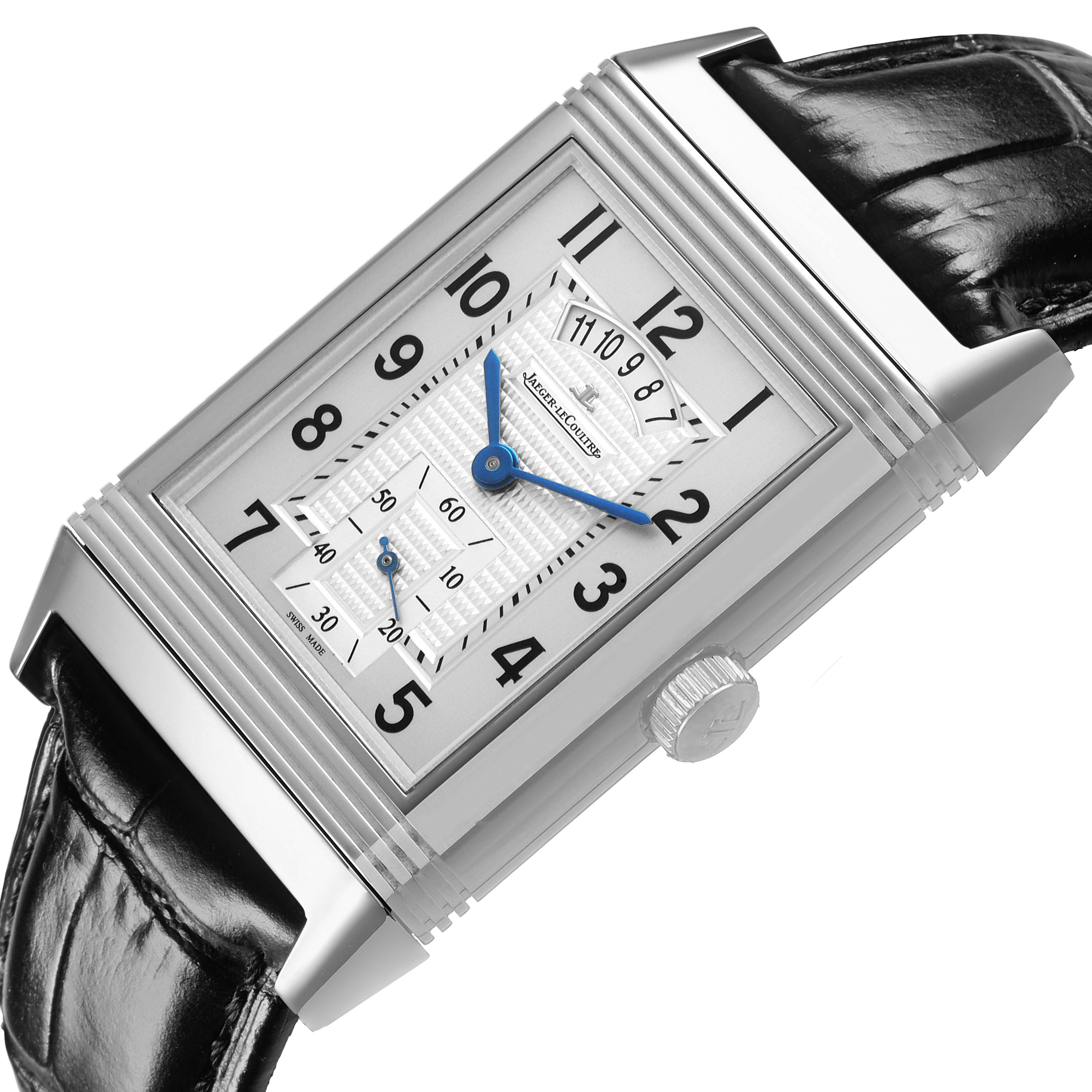 The Jaeger LeCoultre Reverso Q3748421 / 273.8.85 Men's Stainless Steel Silver Dial watch is shown from a top-down angle, highlighting its rectangular face, numerals, and leather strap.