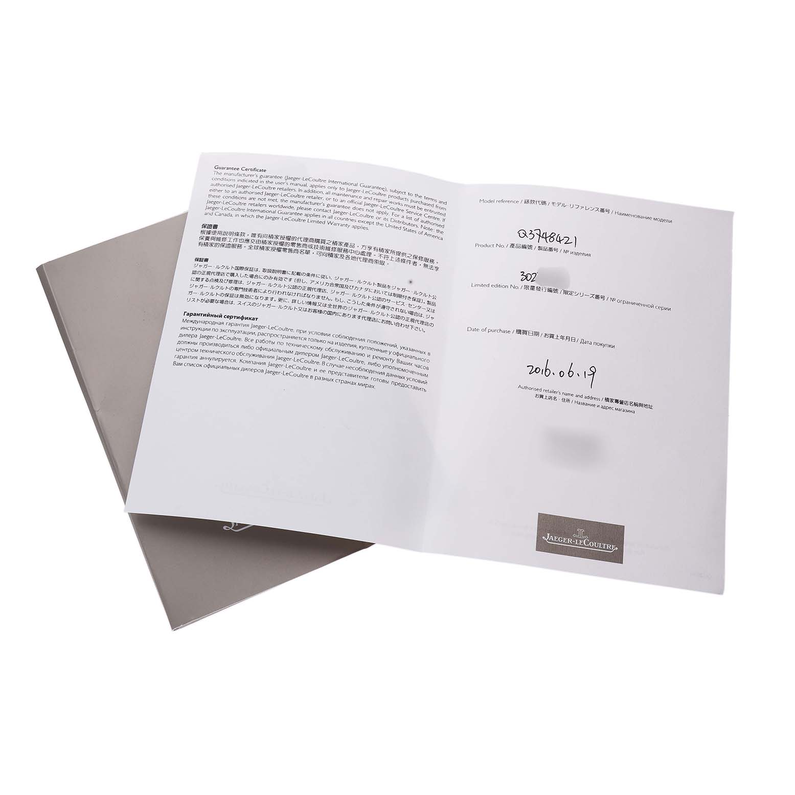 The image shows the warranty booklet and certificate for a Jaeger LeCoultre Reverso Q3748421 / 273.8.85 Men's Stainless Steel Silver Dial watch.