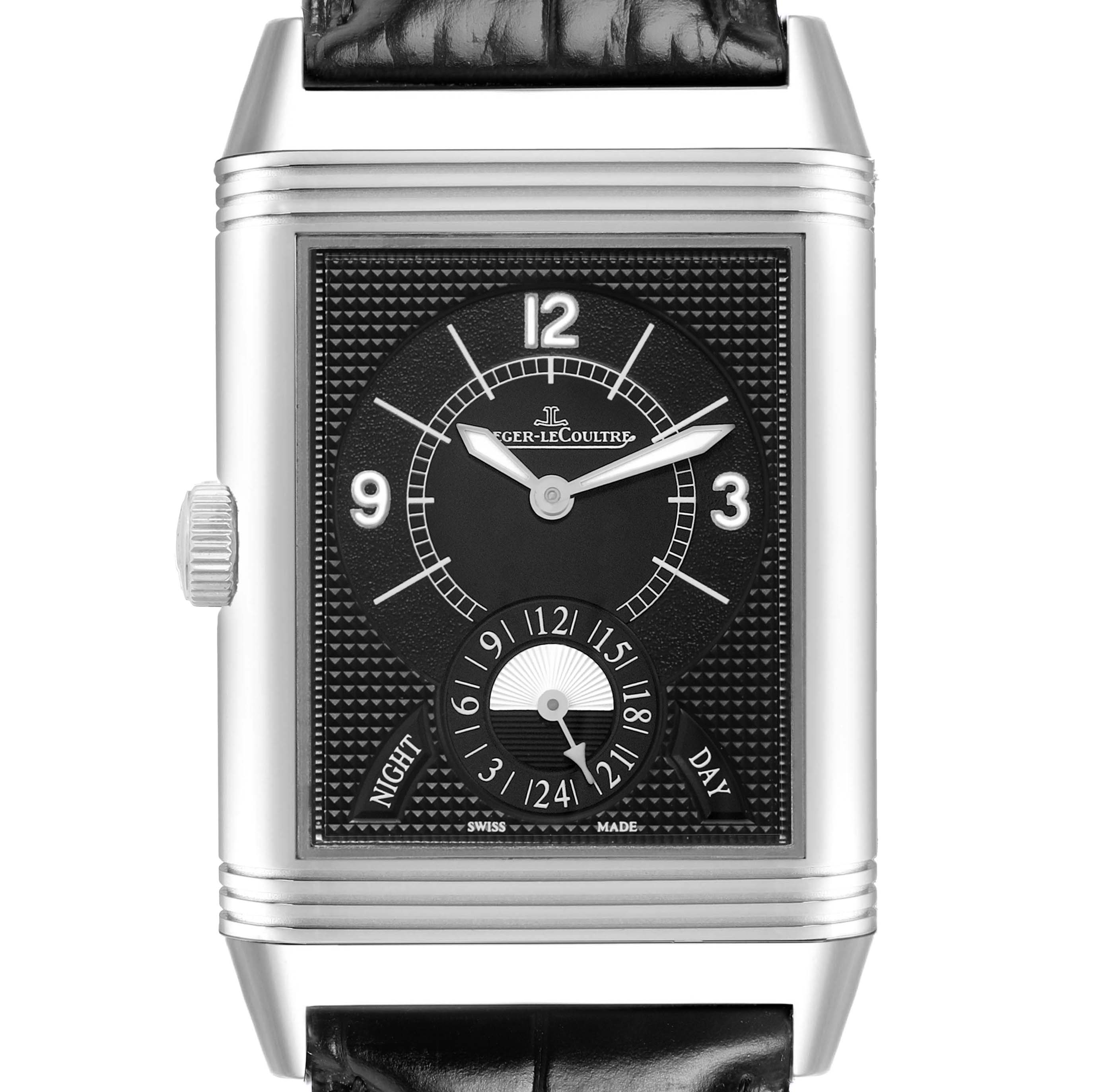 The Jaeger LeCoultre Reverso Q3748421 / 273.8.85 Men's Stainless Steel Silver Dial watch is shown from the front, highlighting the face, hands, and crown.