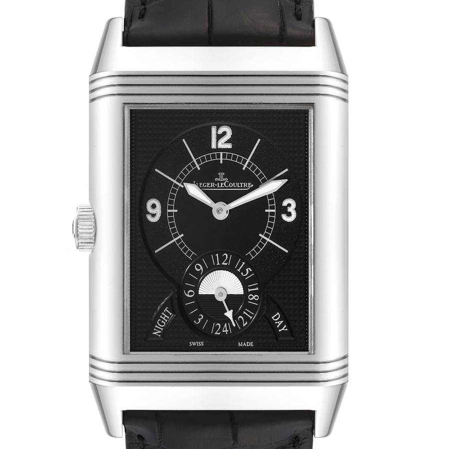 The image shows the front view of the Jaeger-LeCoultre Reverso watch, highlighting the dial and strap.