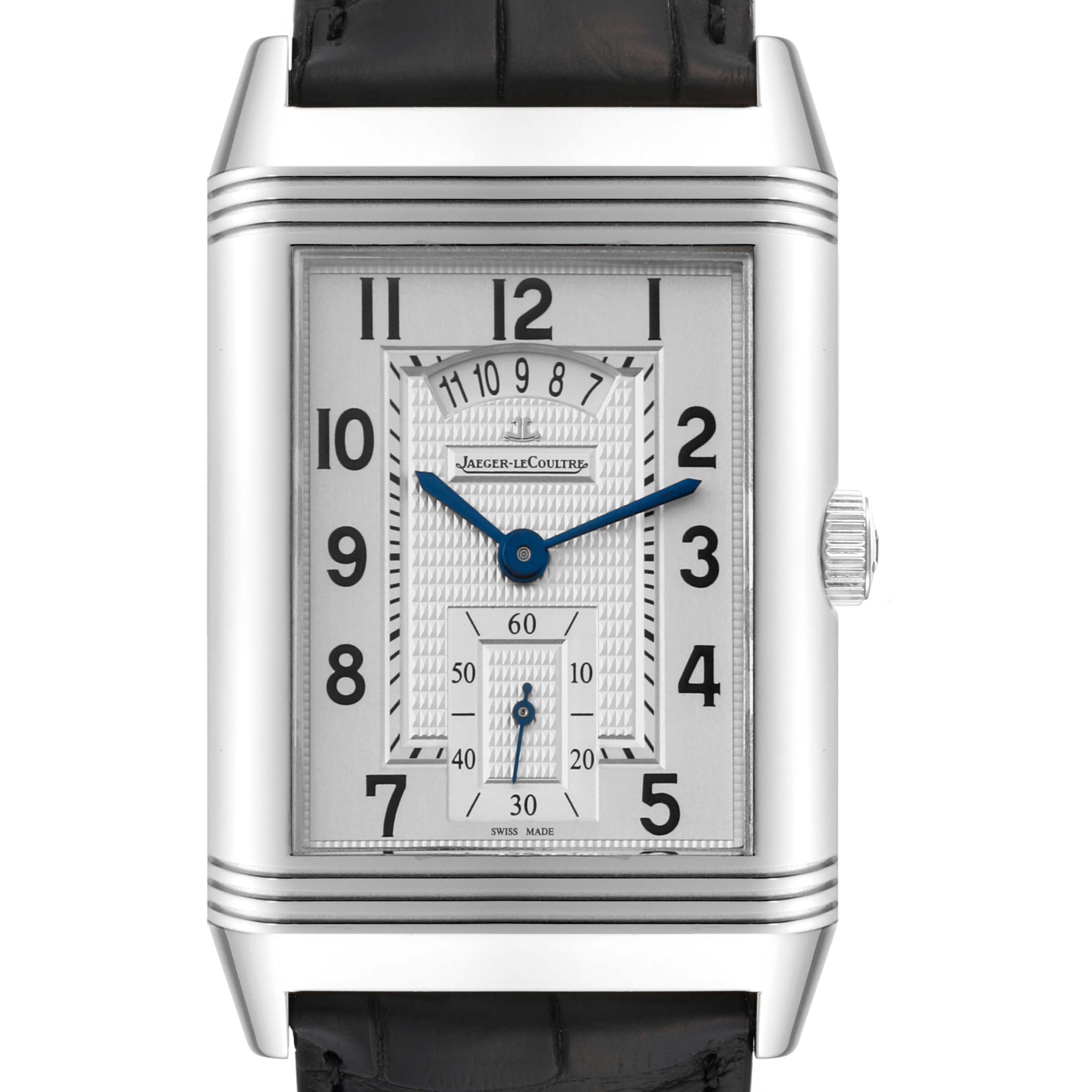 This Jaeger LeCoultre Reverso Q3748421 Men's Stainless Steel Silver Dial Q3748421 Men's Stainless Steel Silver Dial watch is shown from the front, displaying its rectangular dial and black leather strap.