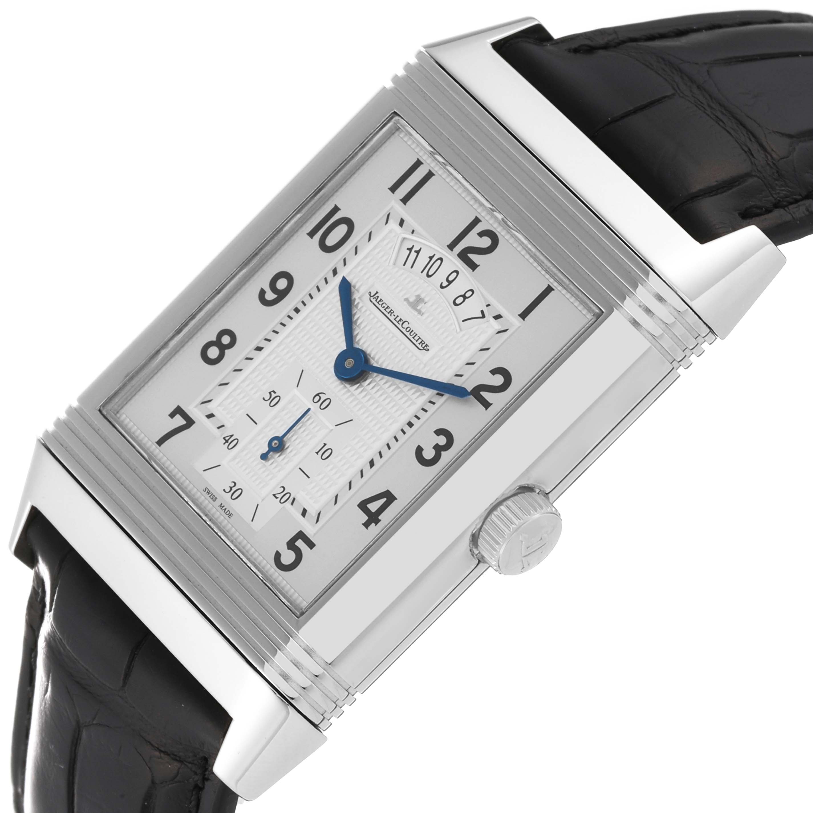 The image shows a close-up, angled view of a Jaeger LeCoultre Reverso Q3748421 Men's Stainless Steel Silver Dial Q3748421 Men's Stainless Steel Silver Dial watch, highlighting its face, crown, and black leather strap.