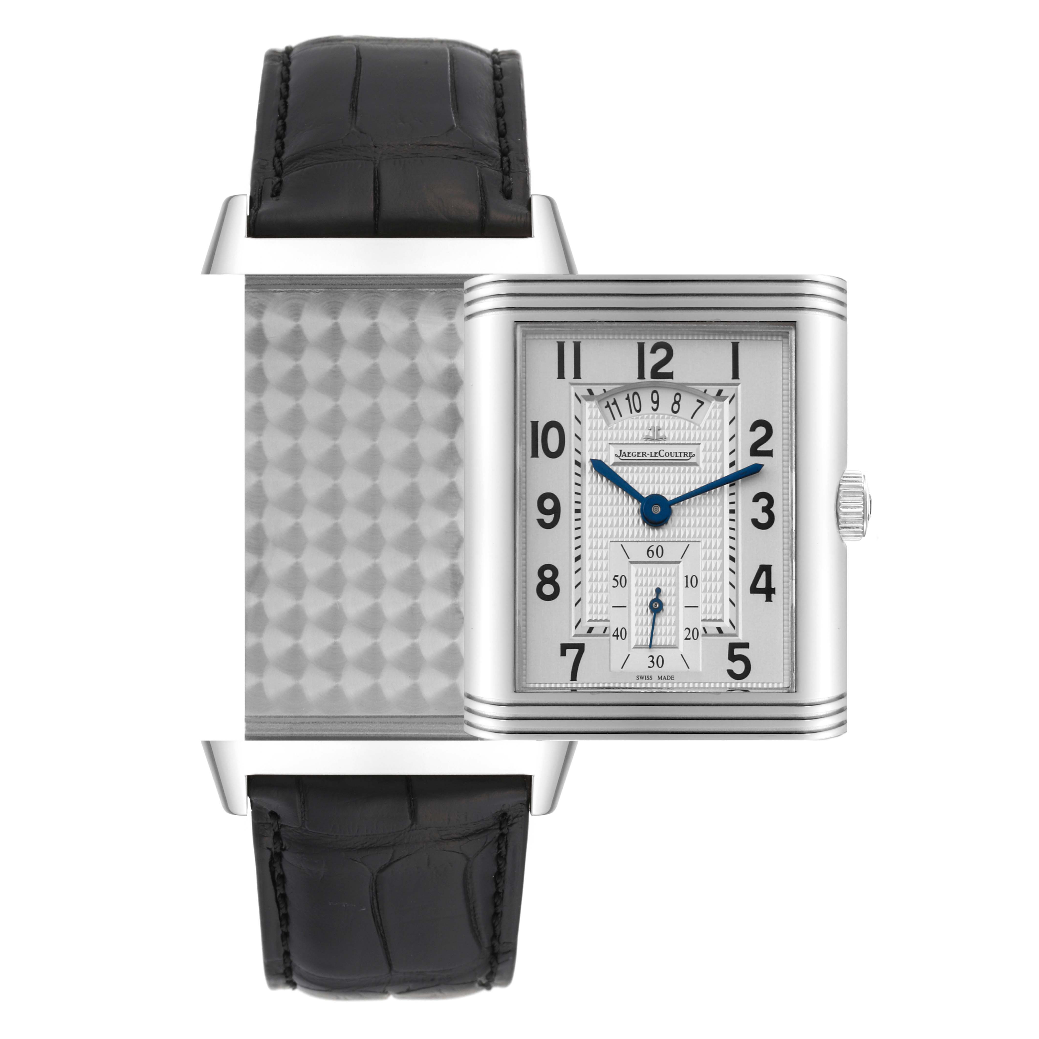 The image shows the face and side angle of the Jaeger LeCoultre Reverso Q3748421 Men's Stainless Steel Silver Dial Q3748421 Men's Stainless Steel Silver Dial watch with a black leather strap.