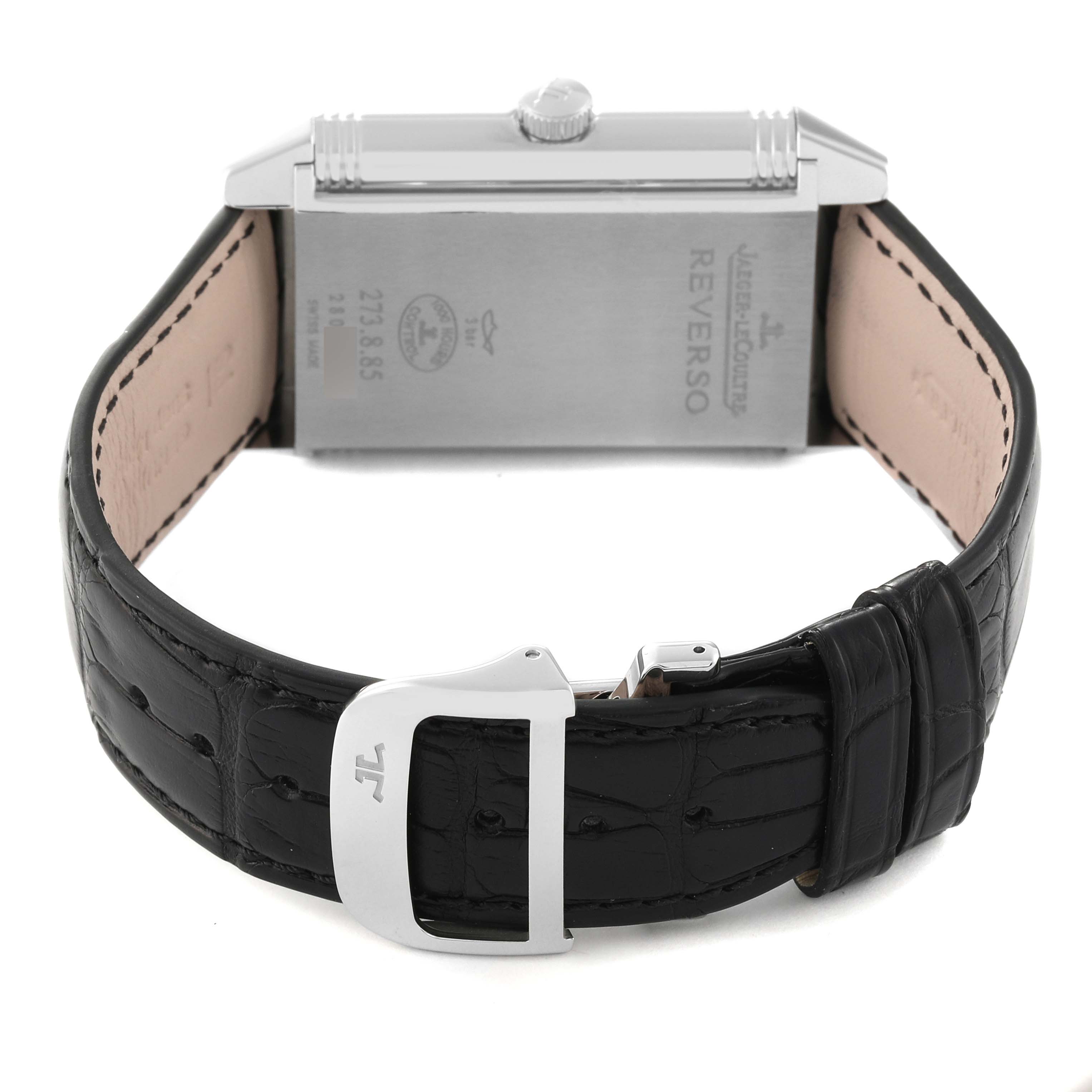 The image shows the back case, leather strap, and clasp of a Jaeger LeCoultre Reverso Q3748421 Men's Stainless Steel Silver Dial Q3748421 Men's Stainless Steel Silver Dial watch.