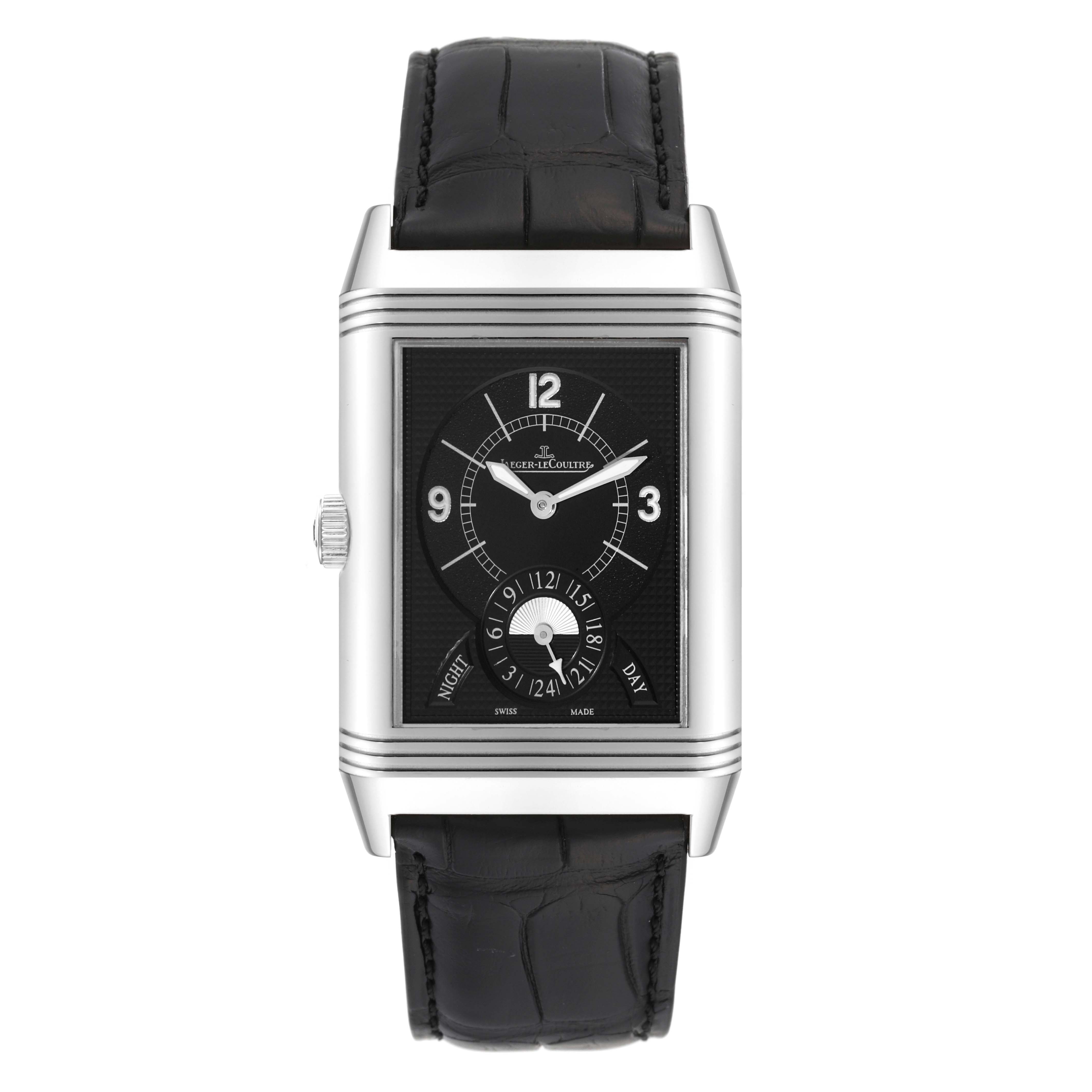 This image shows a front view of a Jaeger LeCoultre Reverso Q3748421 Men's Stainless Steel Silver Dial Q3748421 Men's Stainless Steel Silver Dial watch with a black dial and leather strap.