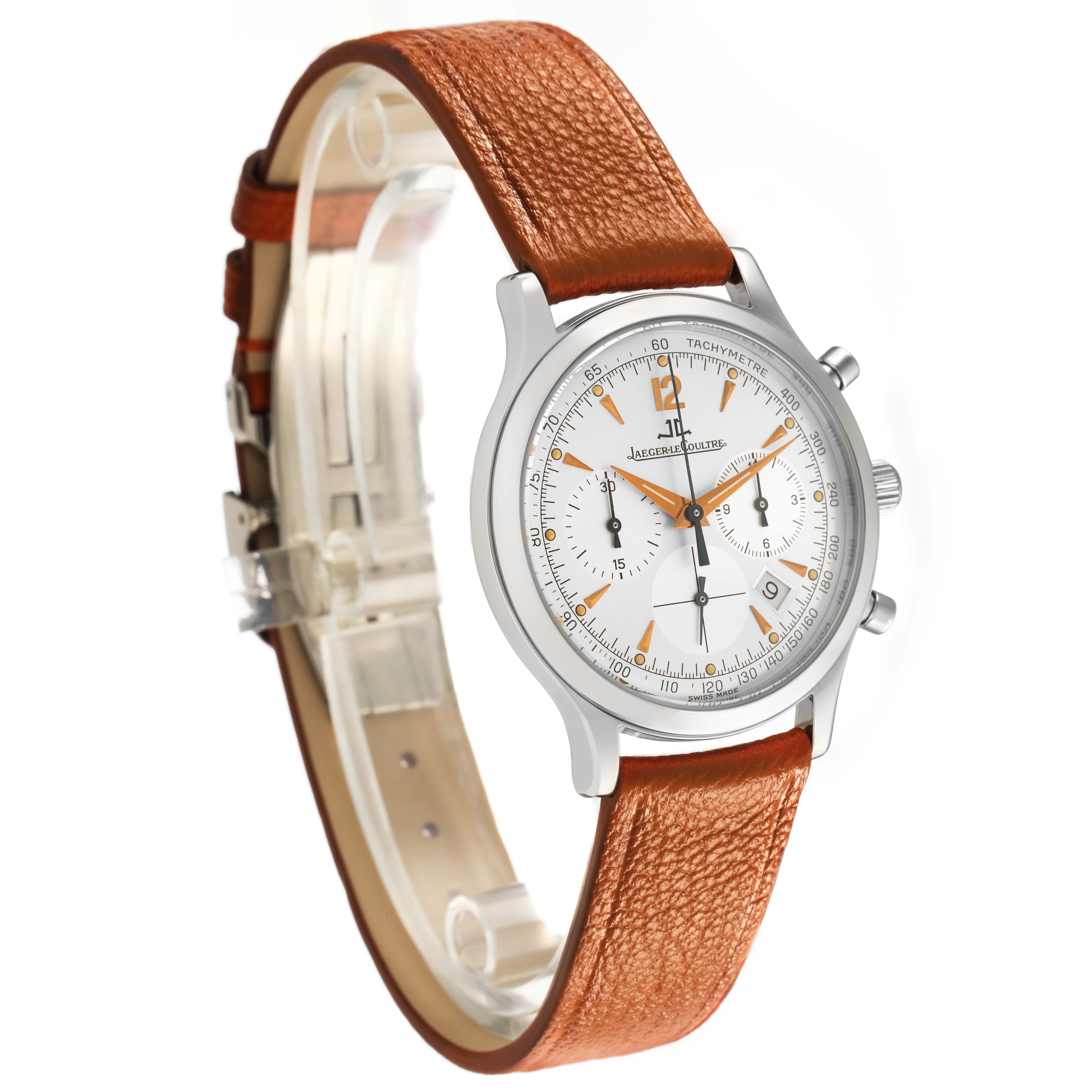 The Jaeger LeCoultre Master 145.8.31 Men's Stainless Steel Silver Dial watch is shown at a three-quarter angle, displaying the face, bezel, side buttons, and leather strap.