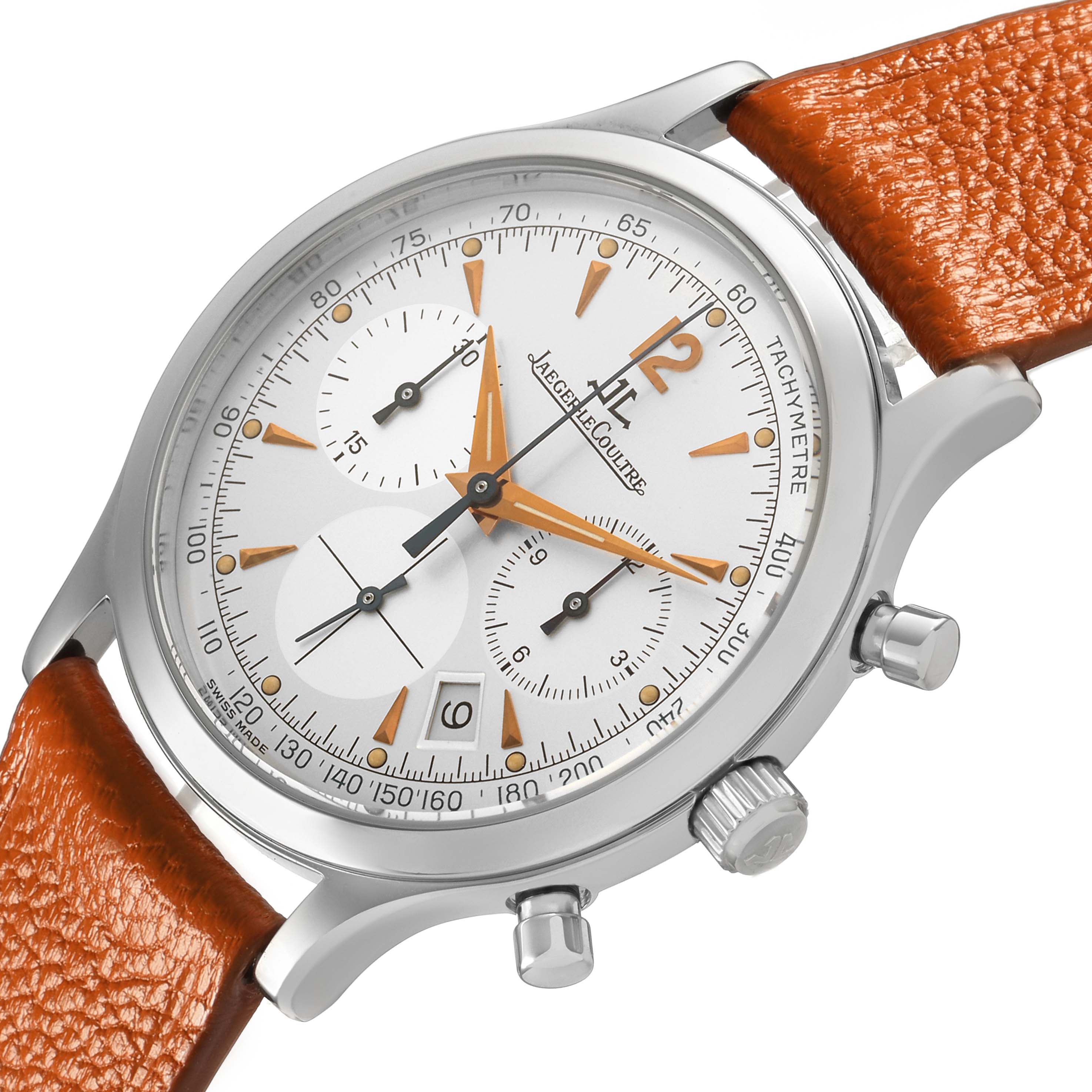 The Jaeger LeCoultre Master 145.8.31 Men's Stainless Steel Silver Dial watch is shown at an angled view, highlighting the dial, subdials, case, crown, pushers, and orange strap.