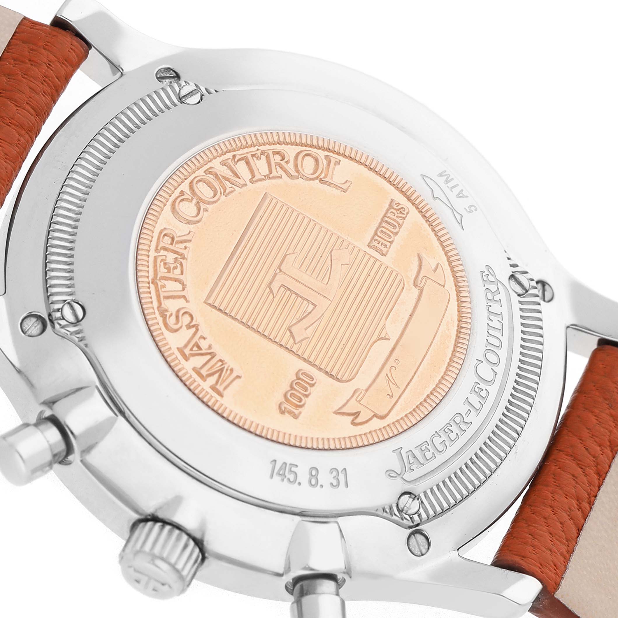 The image shows the case back and part of the strap of a Jaeger-LeCoultre Master model watch.