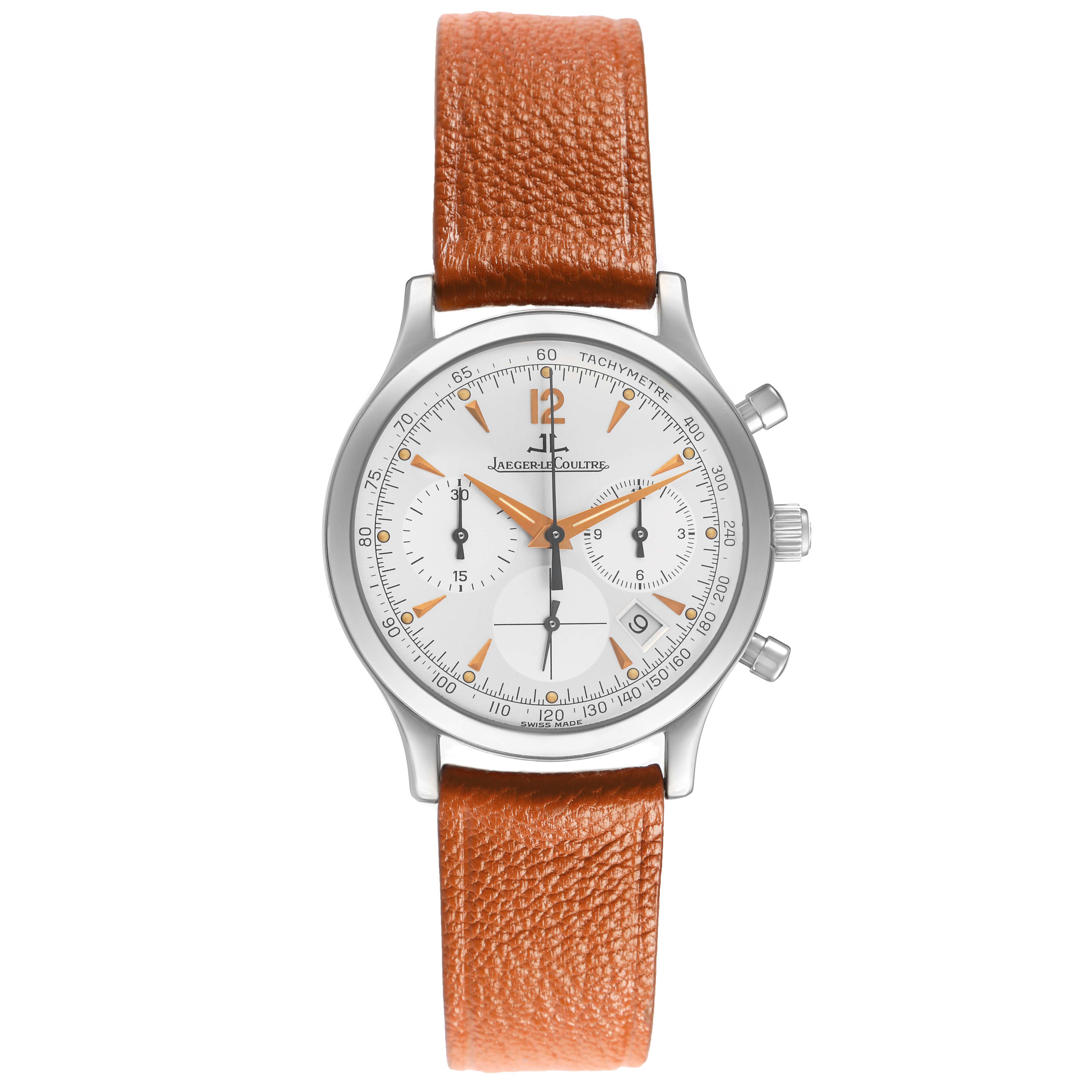 The Jaeger LeCoultre Master 145.8.31 Men's Stainless Steel Silver Dial model is shown from a top-down angle, displaying its dial, orange strap, and side pushers.