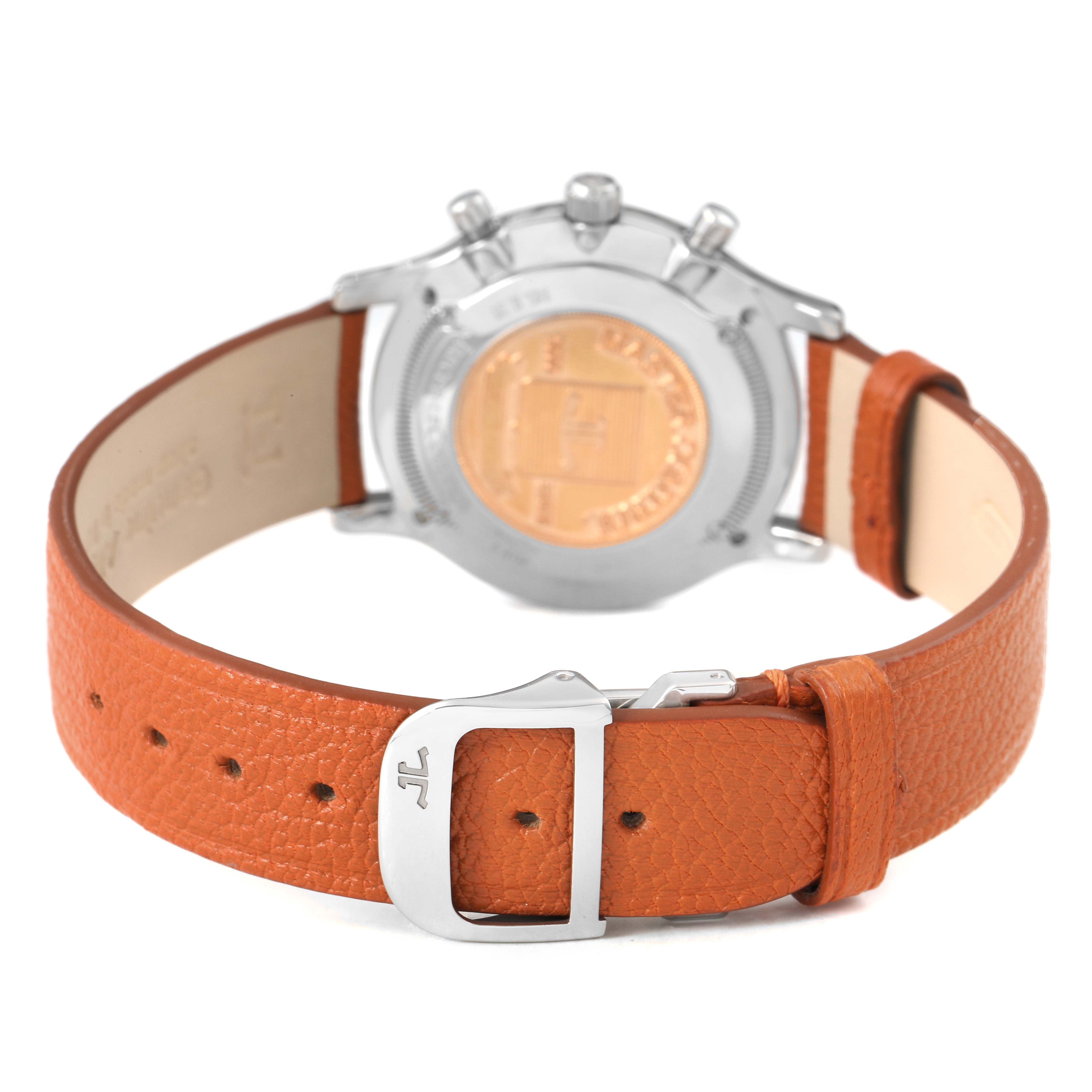 The image shows the back view of the Jaeger LeCoultre Master 145.8.31 Men's Stainless Steel Silver Dial watch, focusing on the case back and leather strap.