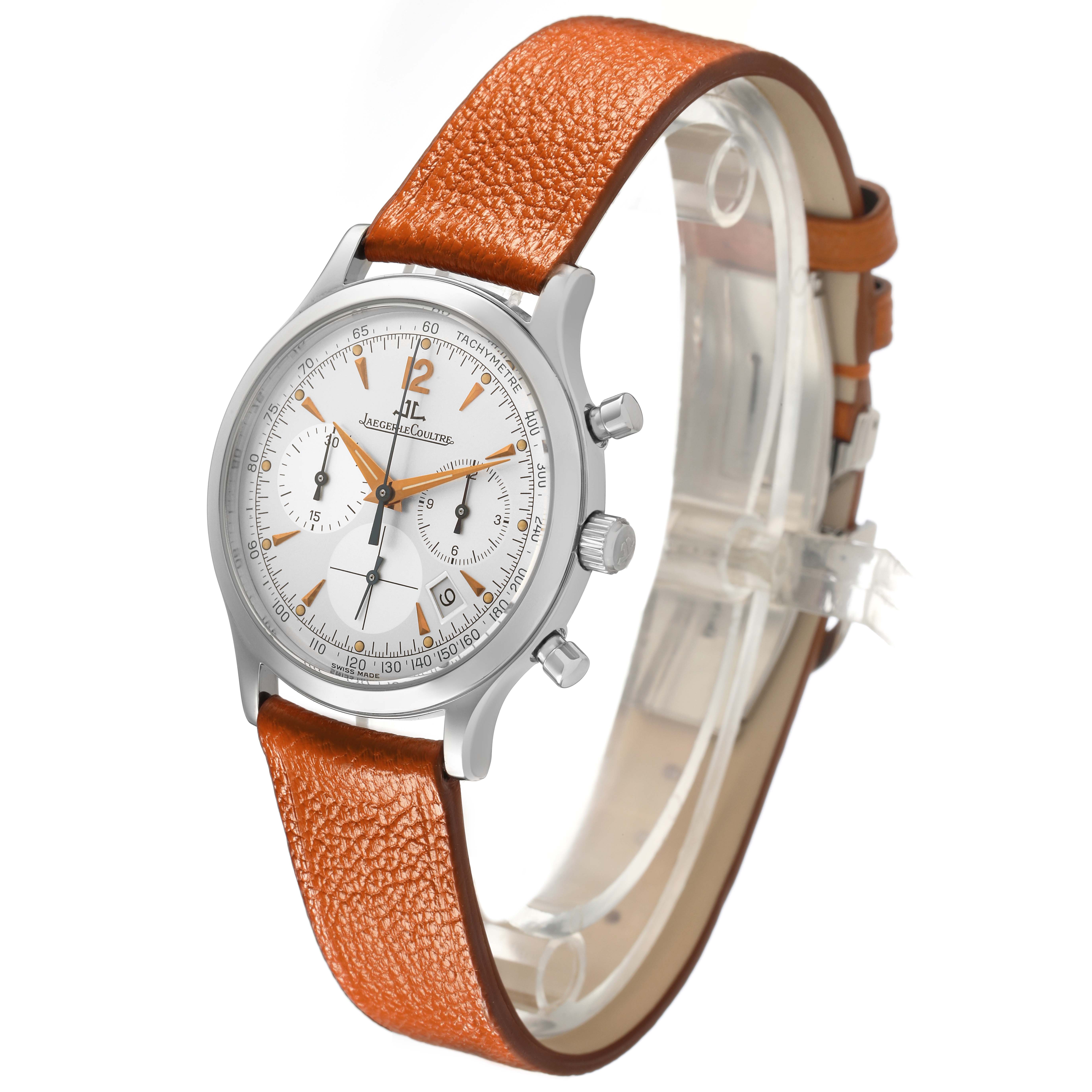 The Jaeger LeCoultre Master 145.8.31 Men's Stainless Steel Silver Dial watch is shown at a front angle, displaying the face, dial features, and orange leather strap.