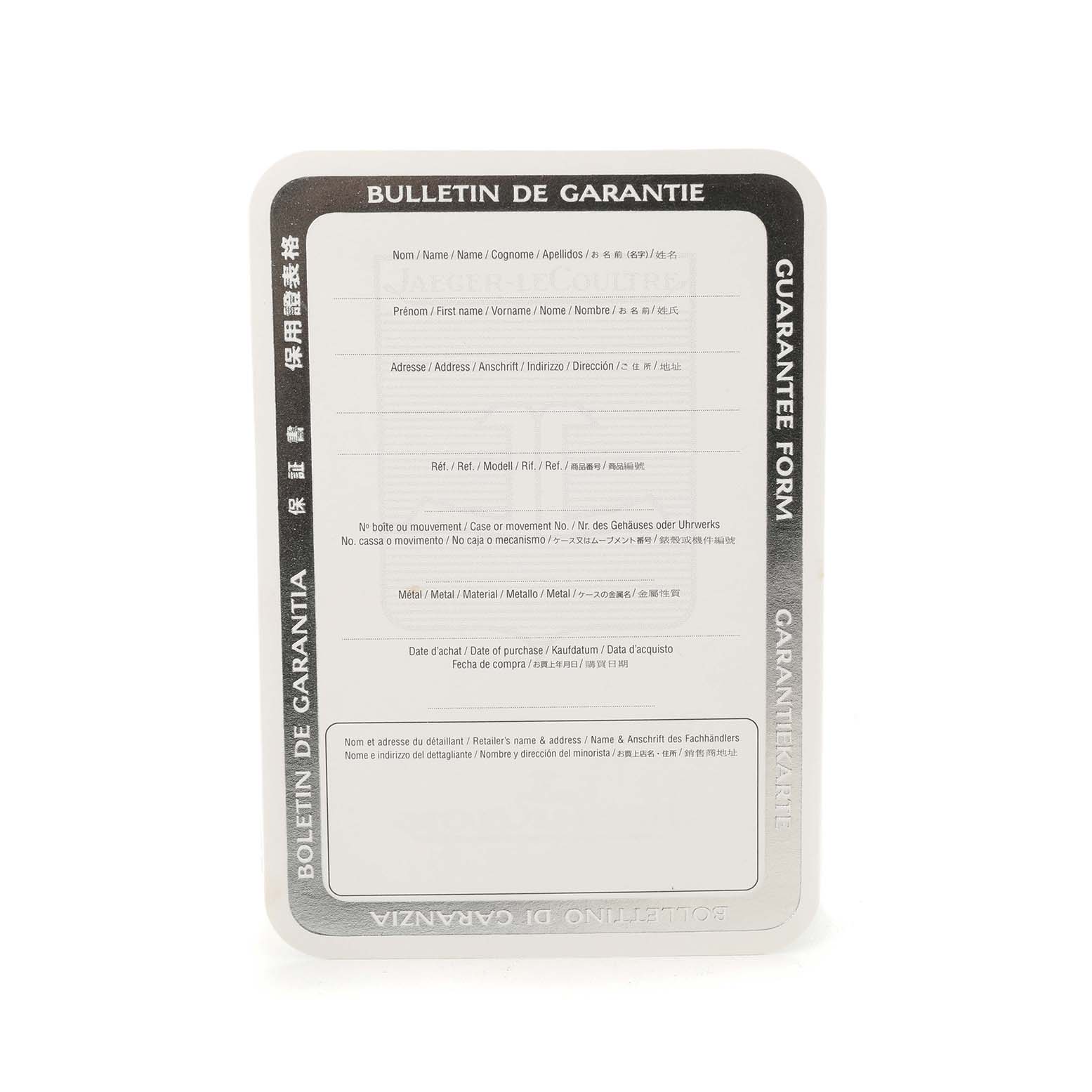 The image shows the guarantee form for a Jaeger LeCoultre Master 145.8.31 Men's Stainless Steel Silver Dial model watch.