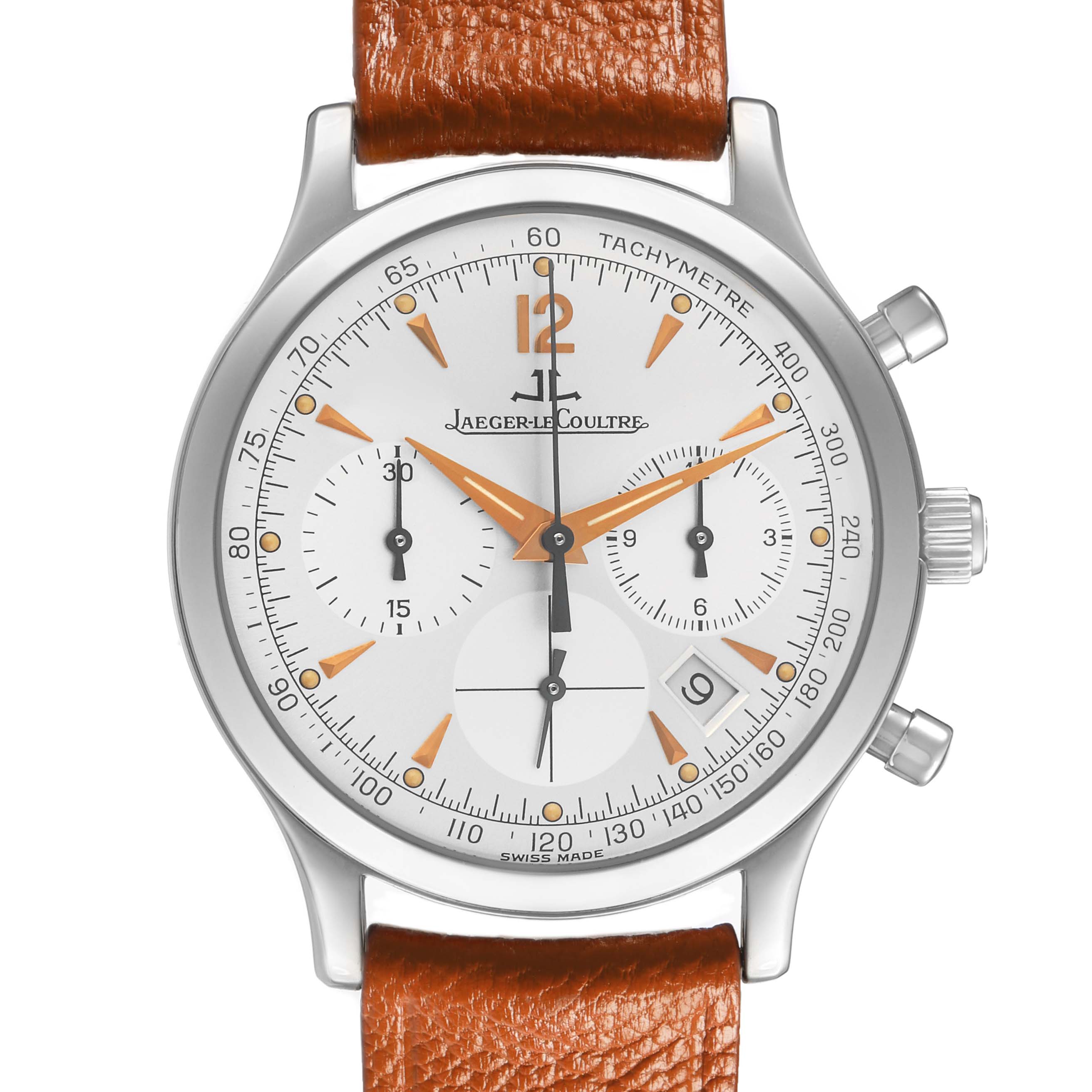 The Jaeger LeCoultre Master 145.8.31 Men's Stainless Steel Silver Dial watch is shown from the front, displaying its face, chronograph dials, and leather strap.