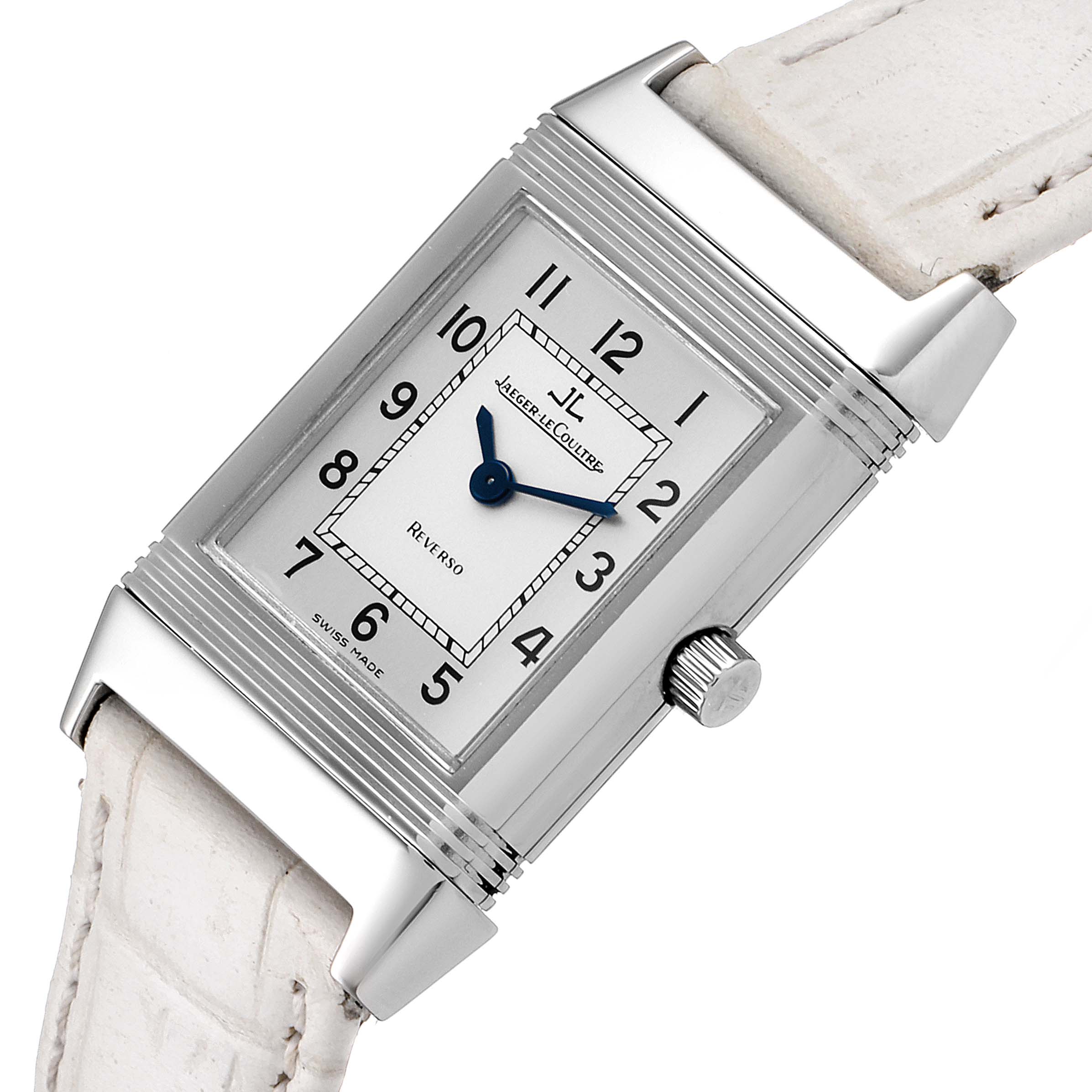 This image shows a Jaeger LeCoultre Reverso 260.8.08 Women
s Stainless Steel Silver Dial 260.8.08 Women
s Stainless Steel Silver Dial watch at an angled view, highlighting its dial, case, and crown with parts of the leather strap visible.