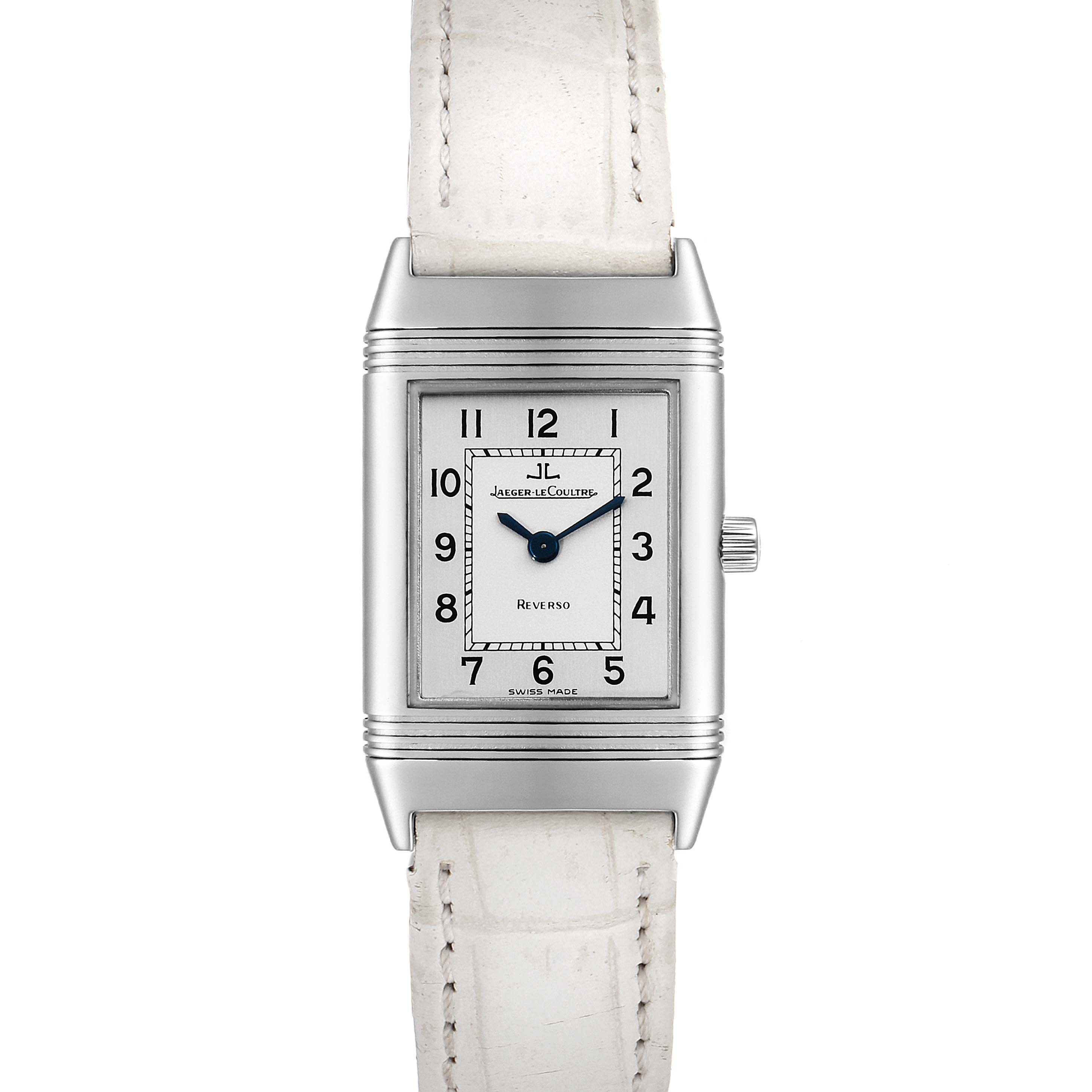 The Jaeger LeCoultre Reverso 260.8.08 Women
s Stainless Steel Silver Dial 260.8.08 Women
s Stainless Steel Silver Dial watch is shown in a frontal angle, displaying its rectangular face, dial, and white leather strap.