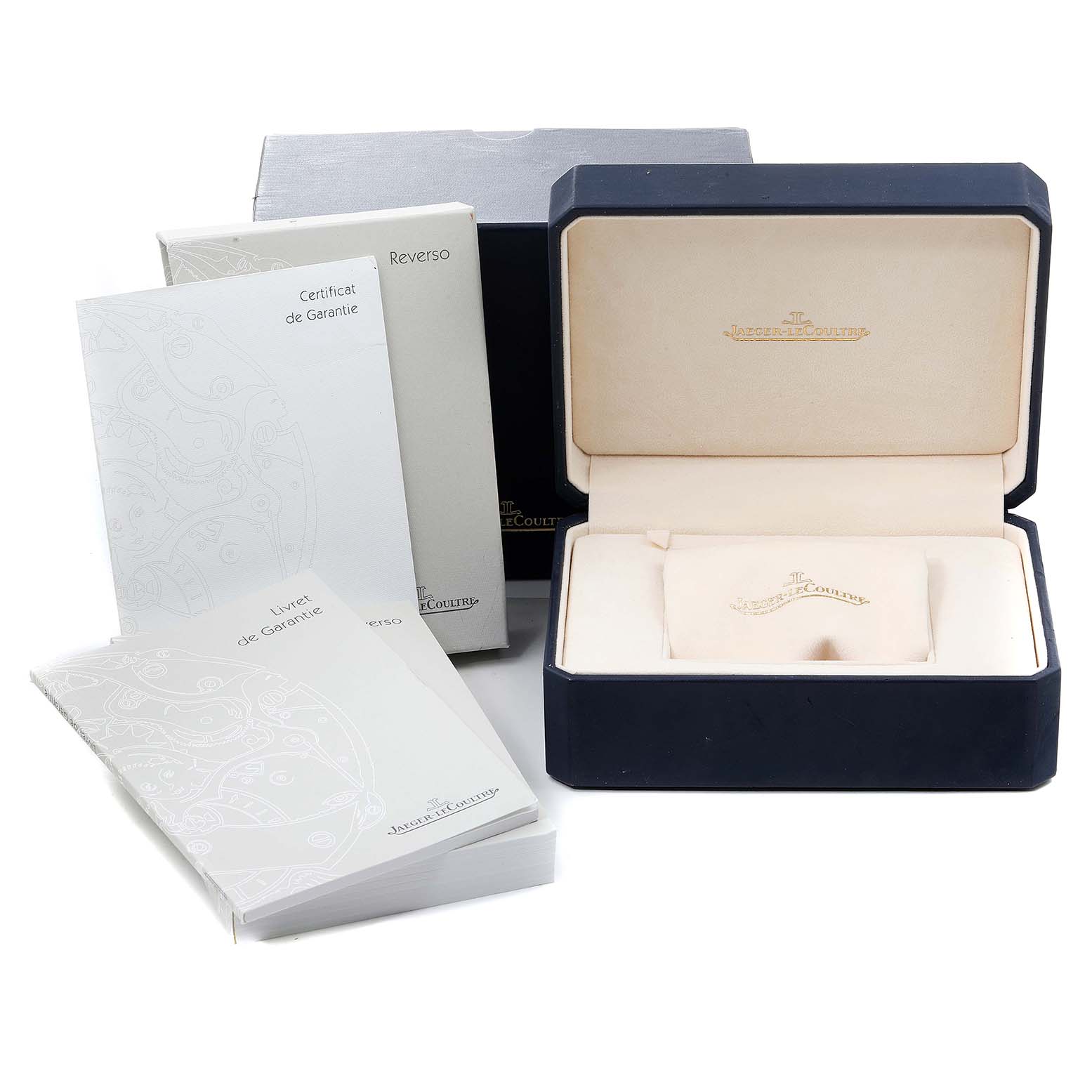 The image shows the box, instruction manuals, and a certificate for the Jaeger LeCoultre Reverso 260.8.08 Women
s Stainless Steel Silver Dial 260.8.08 Women
s Stainless Steel Silver Dial watch.