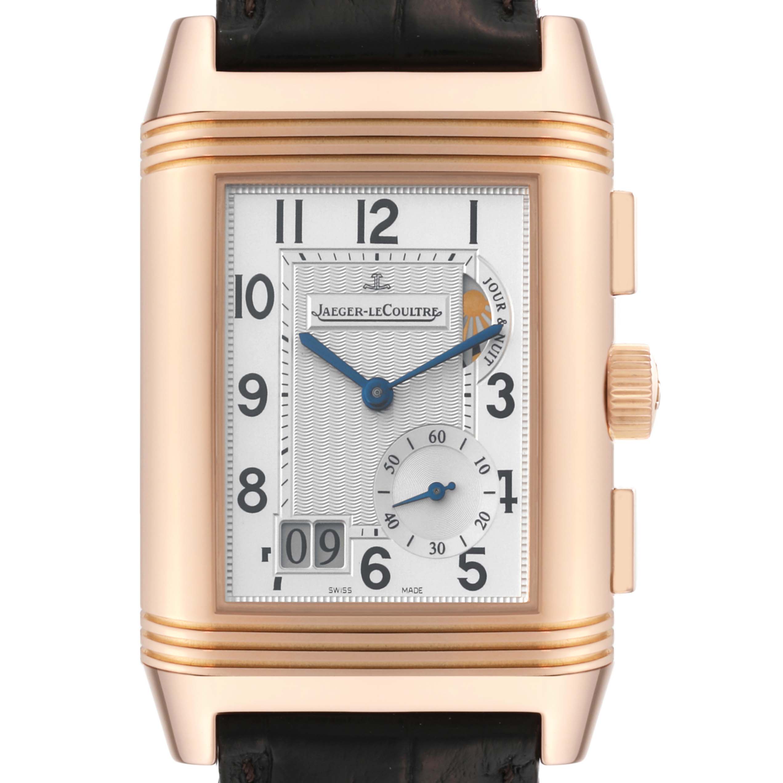 The image shows a front view of the Jaeger LeCoultre Reverso Q3022420 Men's Rose Gold Silver Dial Q3022420 Men's Rose Gold Silver Dial watch, highlighting its rectangular dial, gold casing, and side crown.