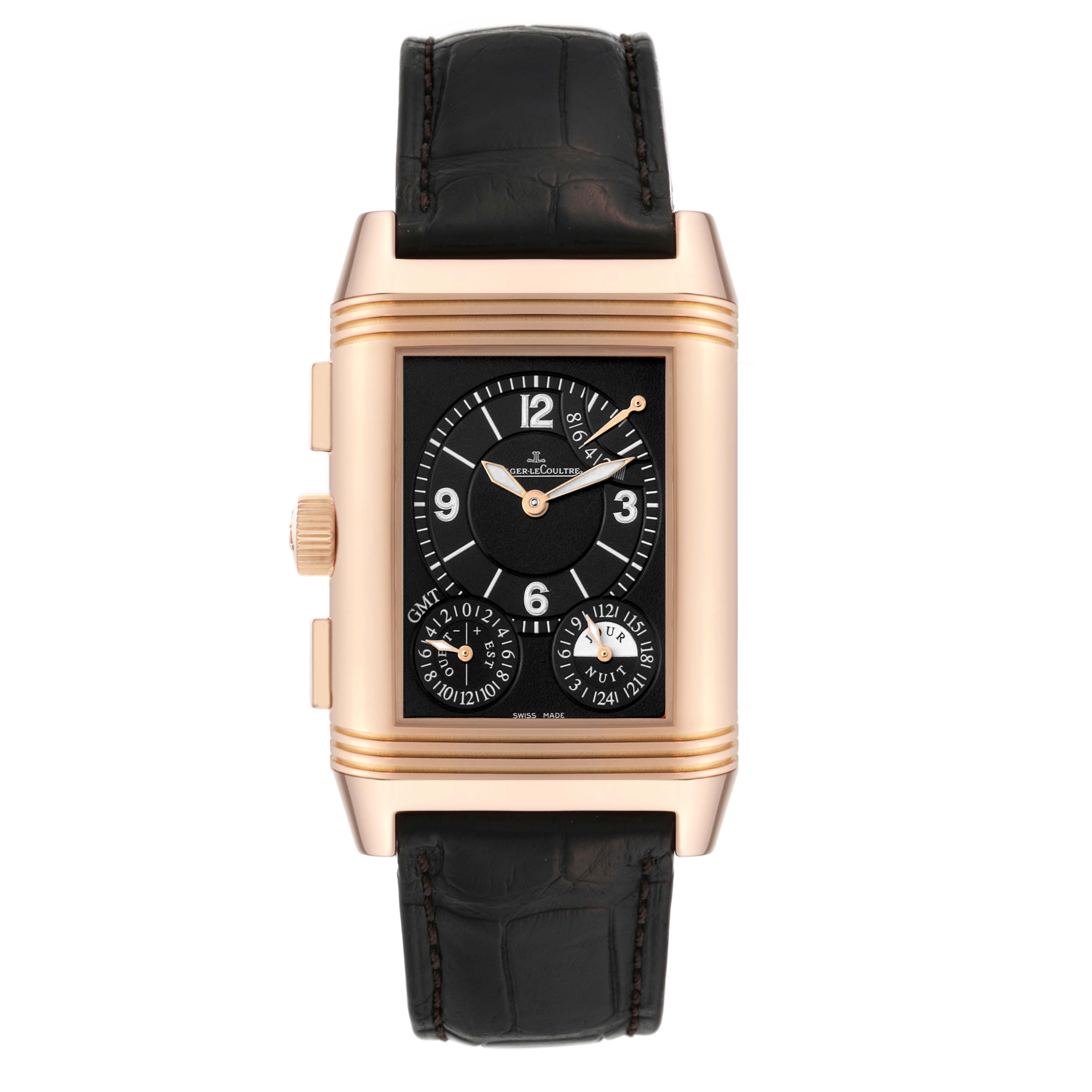 The image shows a front view of a Jaeger-LeCoultre Reverso model watch with a gold case and a black leather strap.